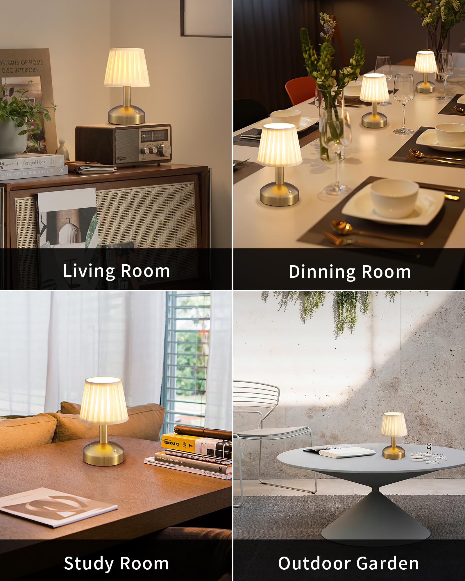 Kdg Modern Cordless Small Table Lamp, Led Fabric Shade, 5000Mah Battery, Gold & White, Model Amz-Tbl-012-Dg