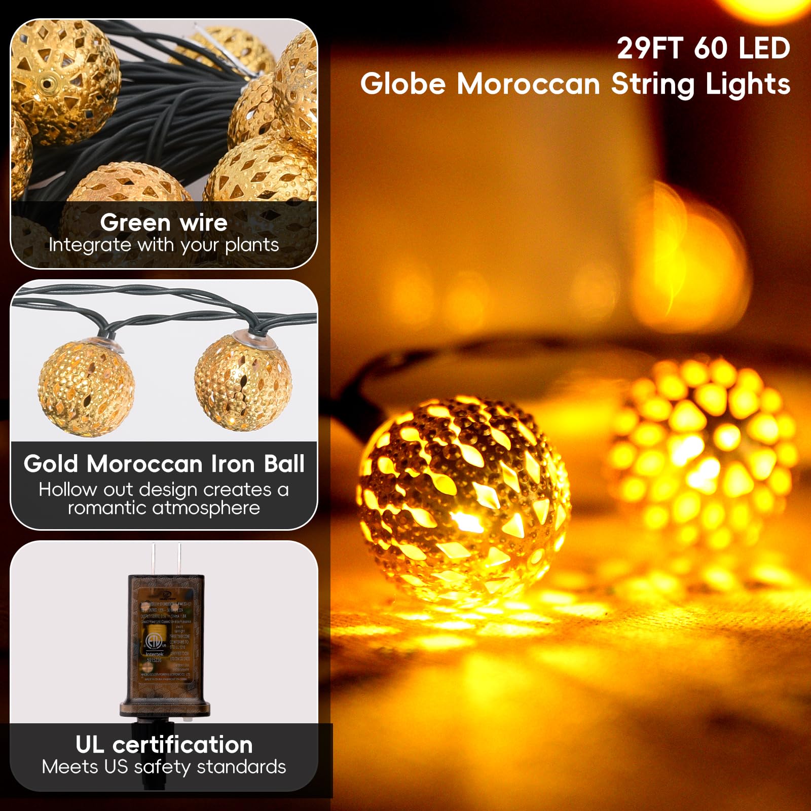 Lightique Moroccan String Lights - 60 Led, 29Ft, Waterproof, 8 Modes, Remote Control, Warm White, Decorative Globe For Indoor/Outdoor Use
