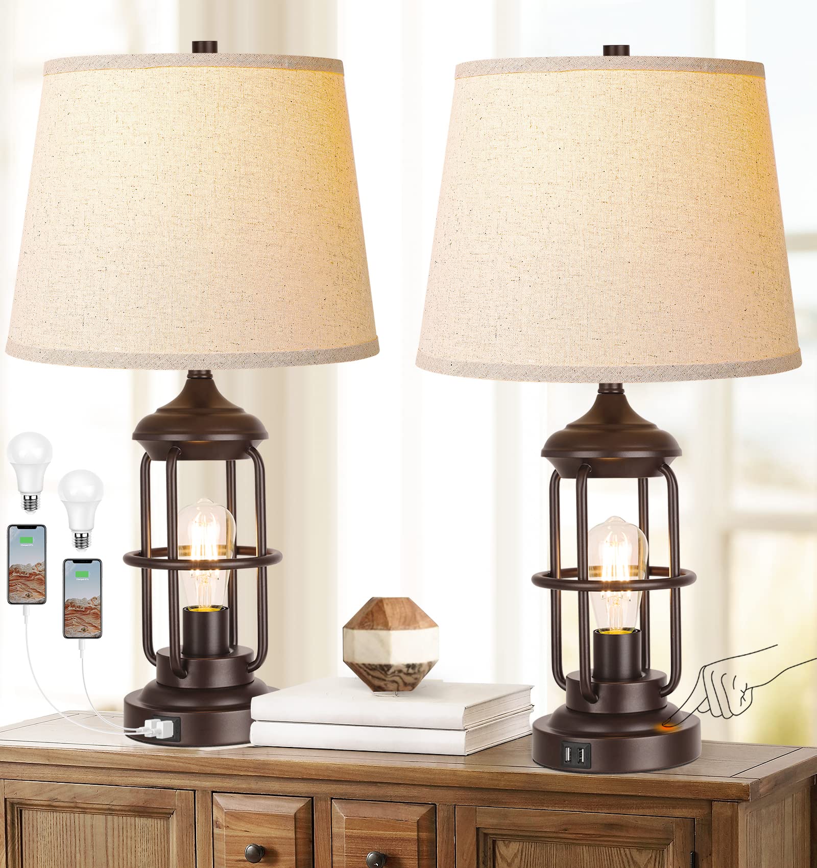 QiMH Table Lamp Set of 2, USB Ports, Touch Control, 3-Way Dimmable, Metal, Beige, Oil Rubbed Bronze Finish