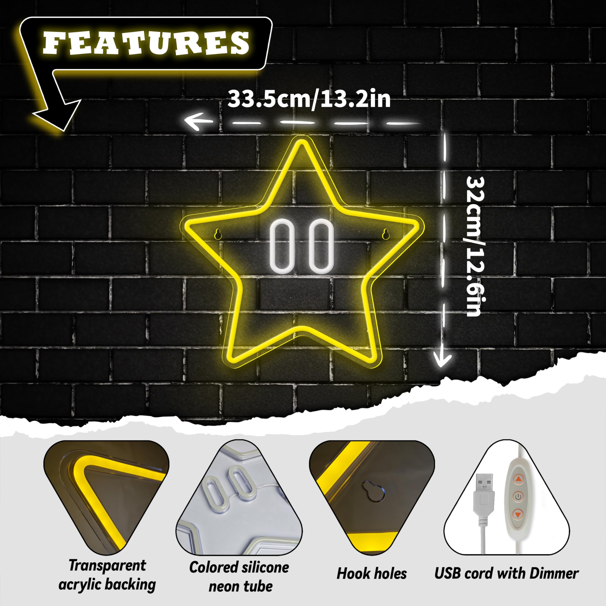 VIKLIU Star Neon Sign - Dimmable Acrylic Game Room Decor, 13.2x12.6 inches, USB Powered, A-Star Color, Model MLAX