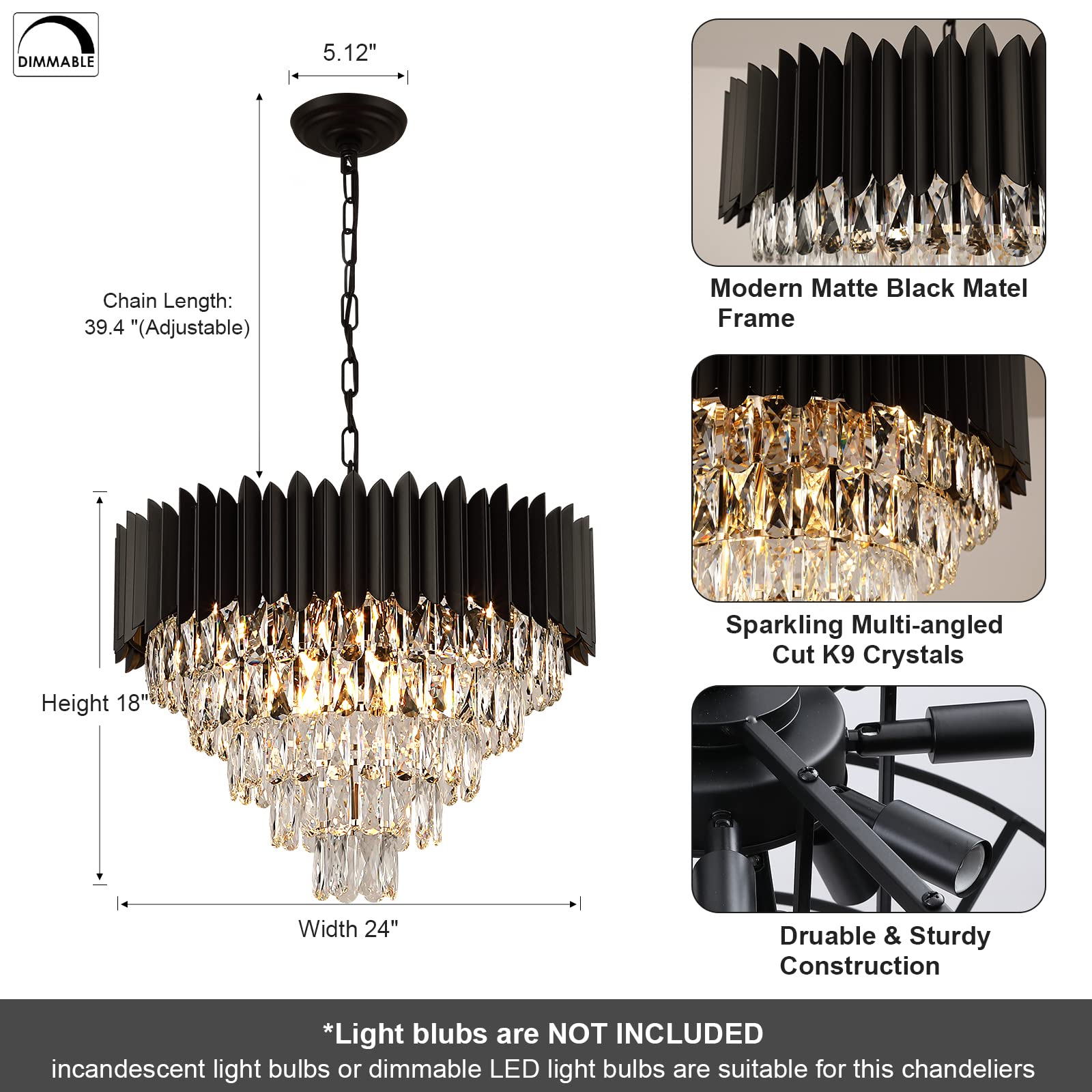 A AXILIXI Black Crystal Round Chandelier 24" Dimmable 12 Lights Luxury Ceiling Pendant Light Fixture Model DH88511BK-600