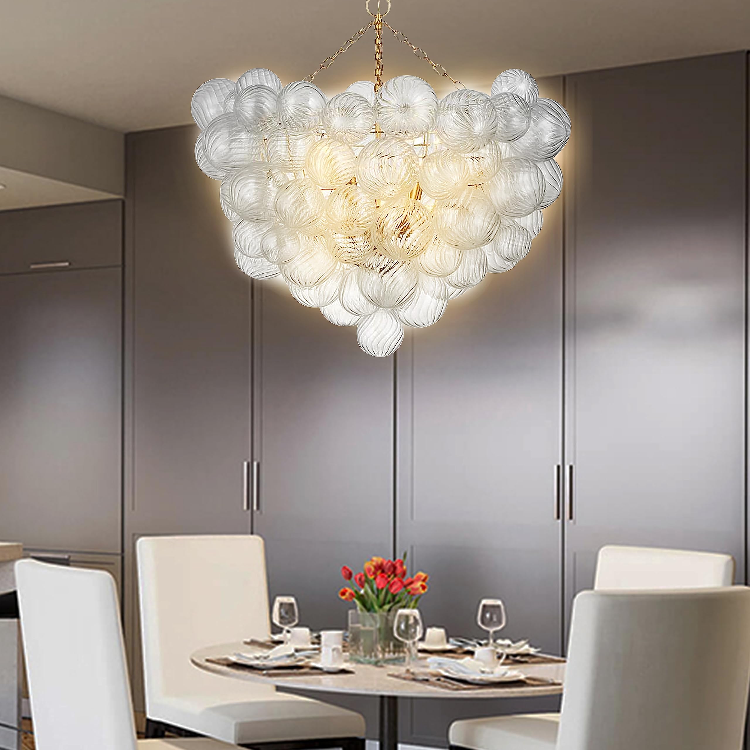 Longree Nordic Bubble Ball Swirled Glass Chandelier, Dia 36 Inch Gild Gold And Clear Blown Glass Large Pendant Light Fixture For