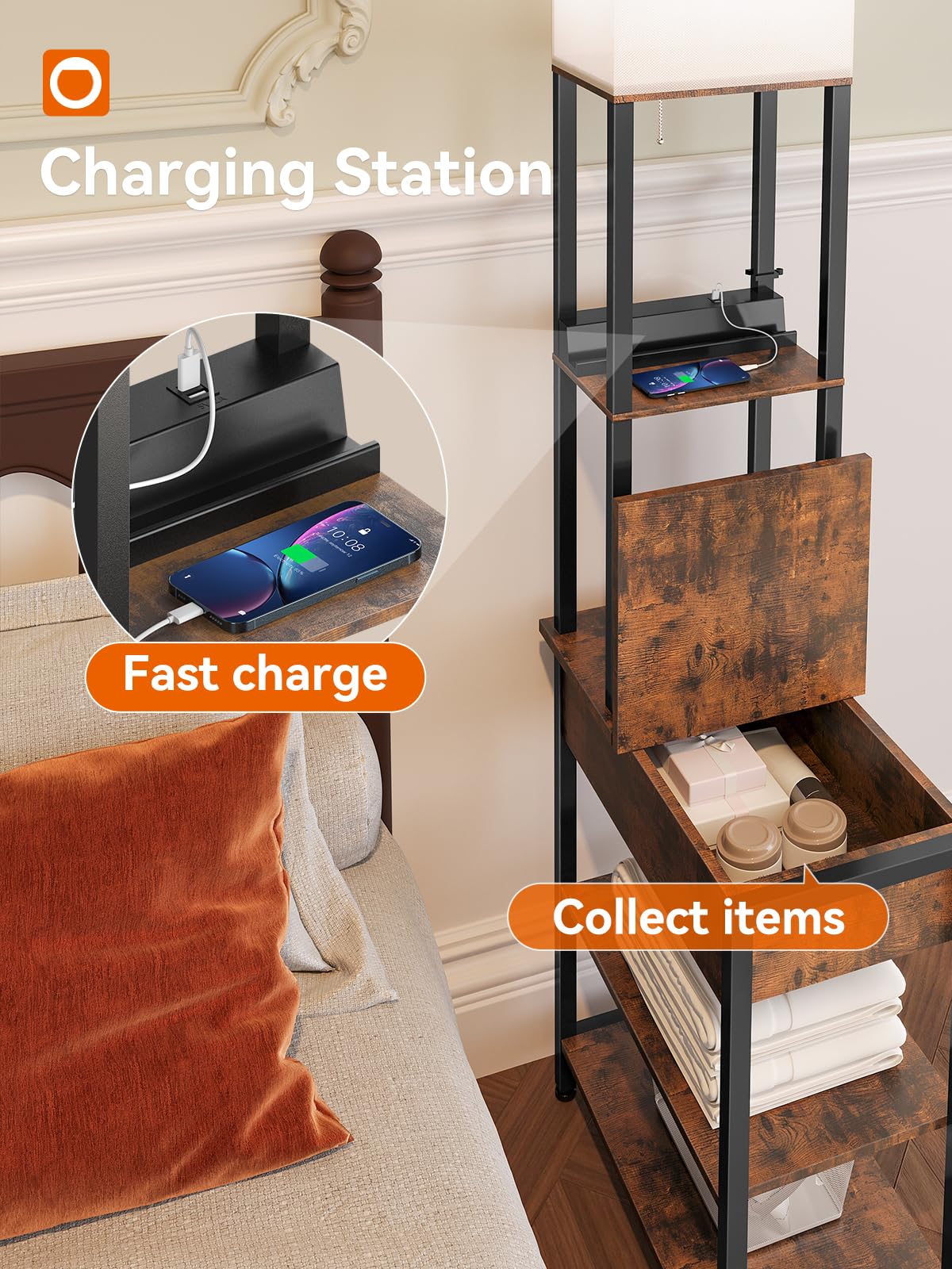 Addlon Floor Lamp With 2 Usb, 1 Outlet And Flip-Top Storage Cabinet, 3Cct Led Bulb, Sofa Lamp With White Lampshade, Display Floo