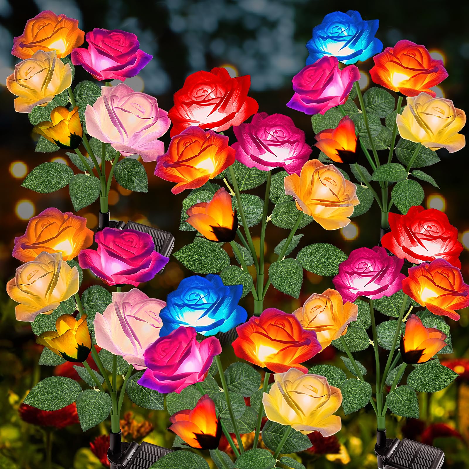 Garpar Solar Garden Lights 6 Pack - 2024 Upgraded Brighter Solar Outdoor Lights With 30 Beautiful & Realistic Rose Flowers - 7 Color Changing Waterproof Solar Flower Lights For Yard Garden Decor