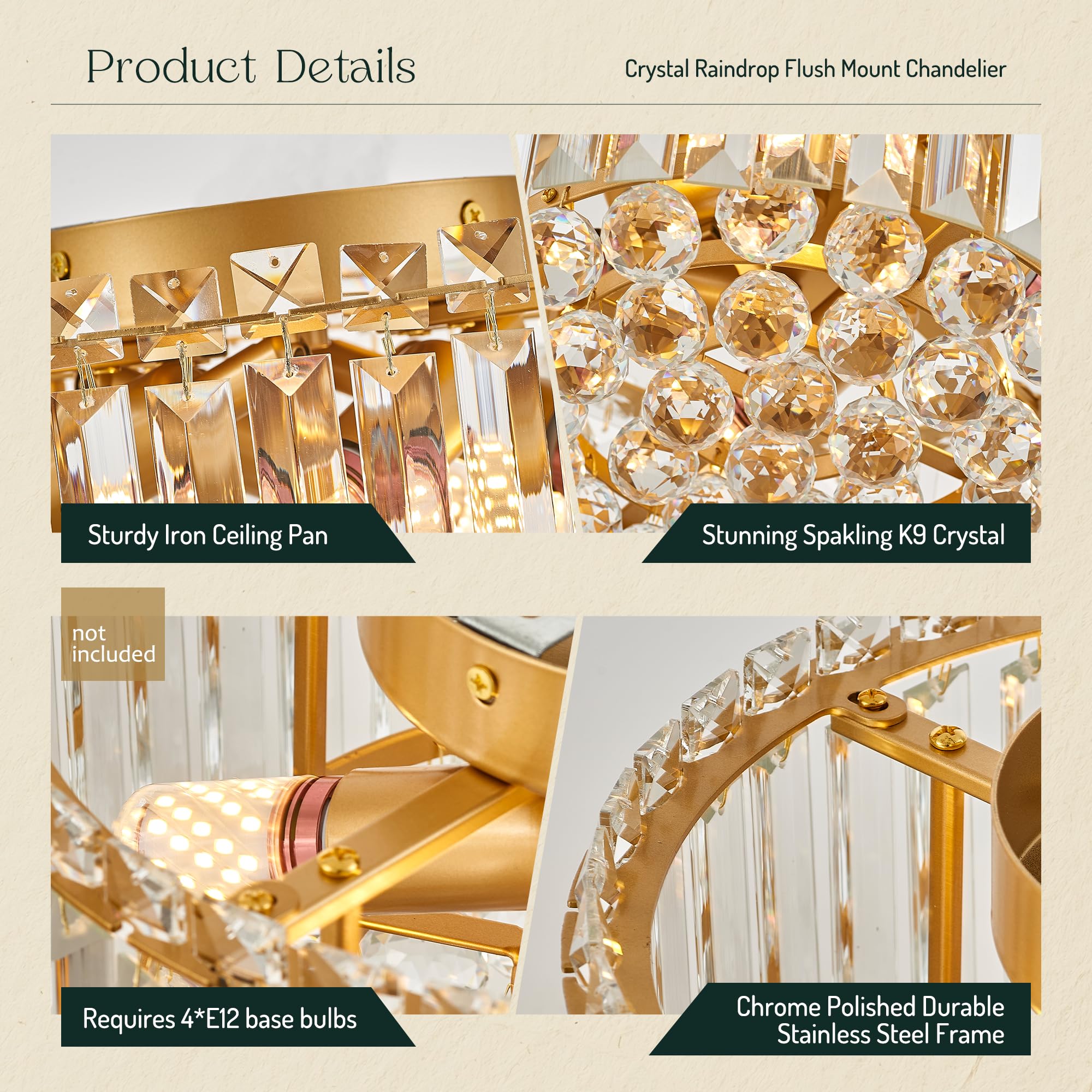 Faibra Gold K9 Crystal Raindrop Flush Mount Ceiling Light - 12.6" Modern Chandelier for Dining Room, Bedroom, Hallway, Kitchen, Living Room