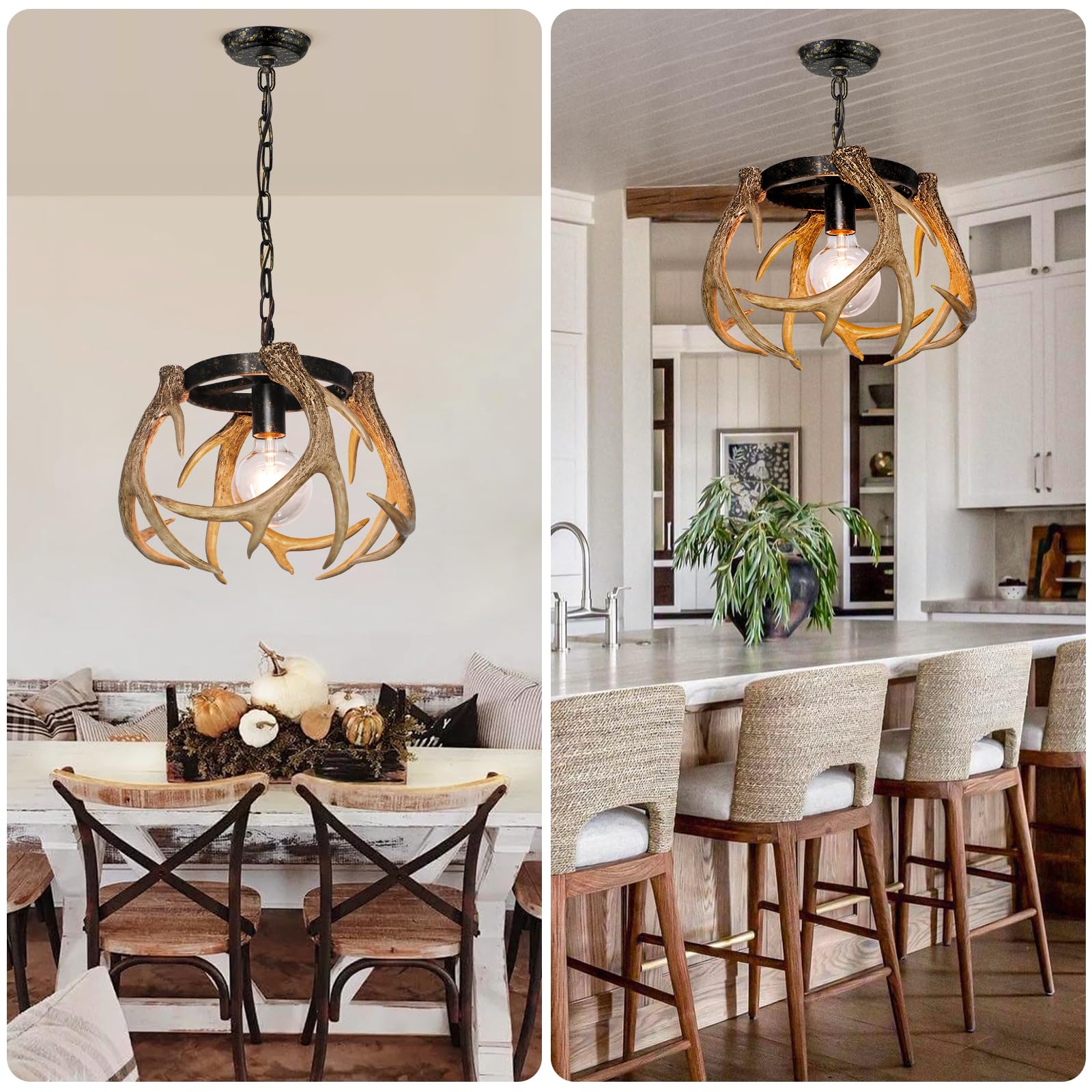 Debemenes Rustic Antler Chandelier, 4 Antlers Adjustable Height, Vintage Metal Wagon Wheel Design for Dining Room, Kitchen, Hallway
