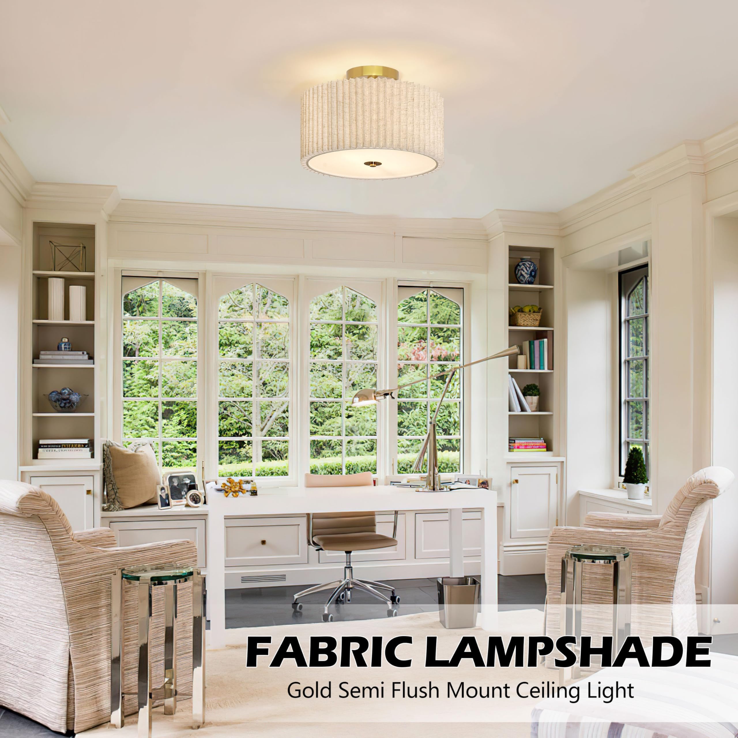 2 Light Semi Flush Mount Ceiling Light Fixture 12.6 Inch Modern Gold Drum Ceiling Light Fixture With Pleated Fabric Shade Dimmab