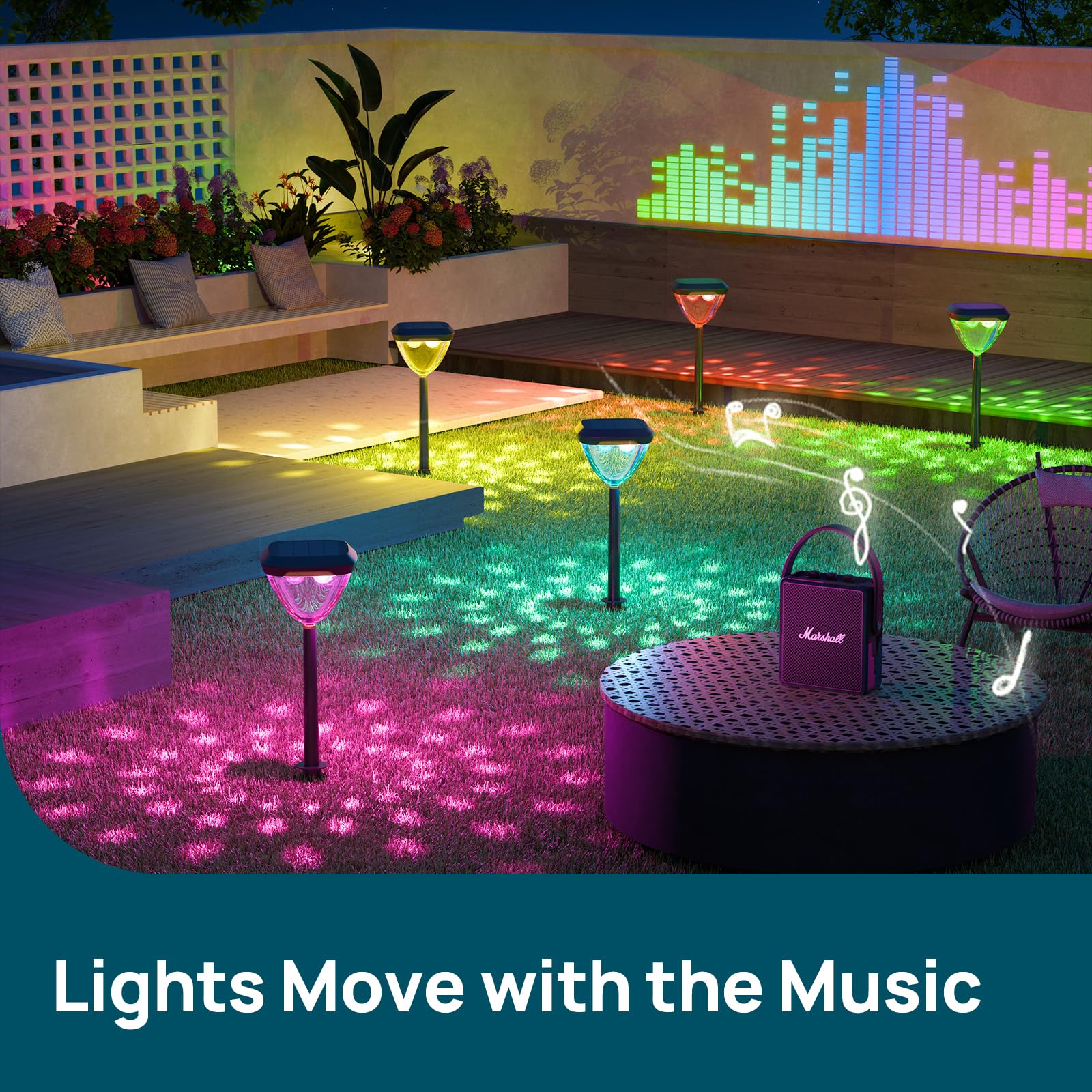 Linkind Smart Solar Pathway Lights SP6 - 4 Pack, Color-Changing, USB & Solar Charging, High-Impact ABS Plastic, Multicolor Lighting