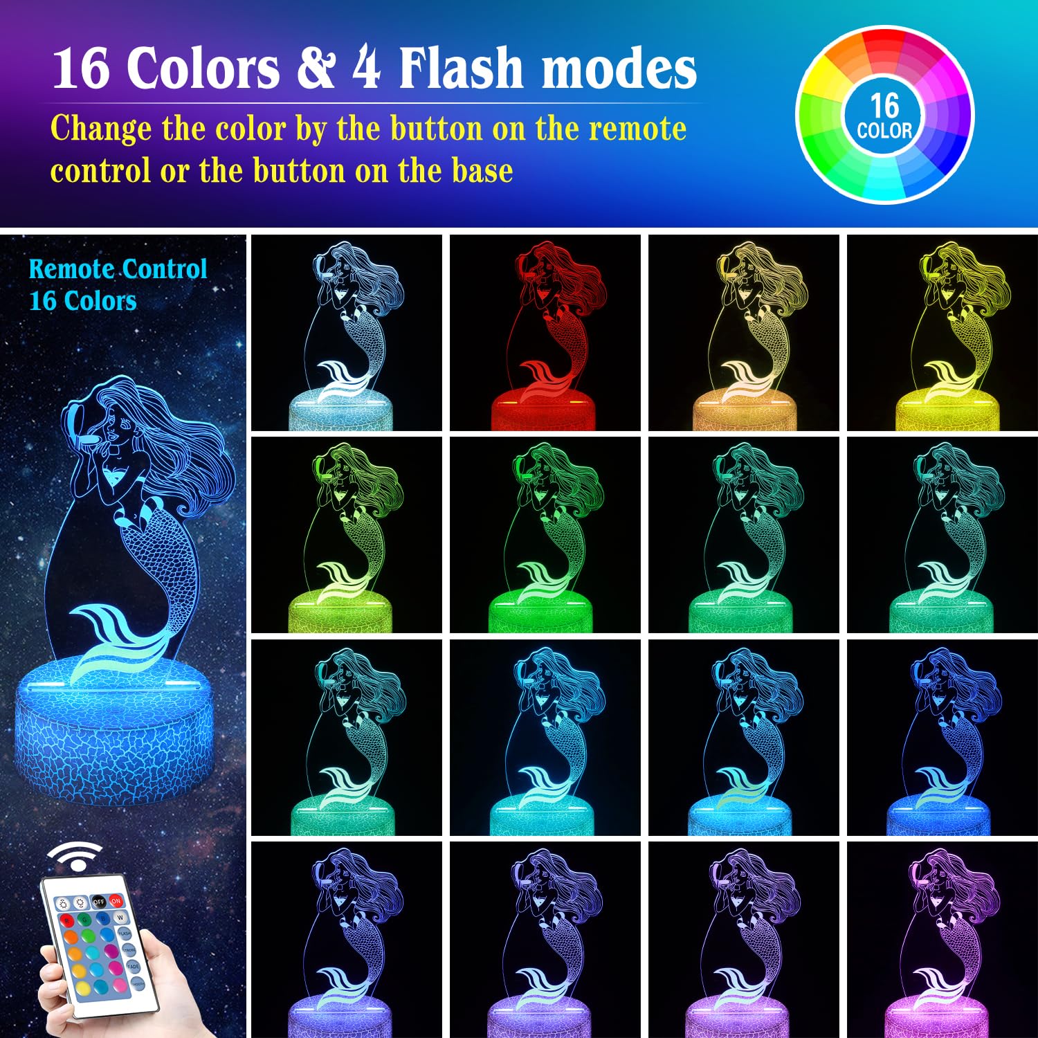Shwkmoppe 3D Illusion Mermaid Night Light Gifts For Girls,16 Color Change Decor Bedside Lamp With Remote And Smart Touch, Gifts