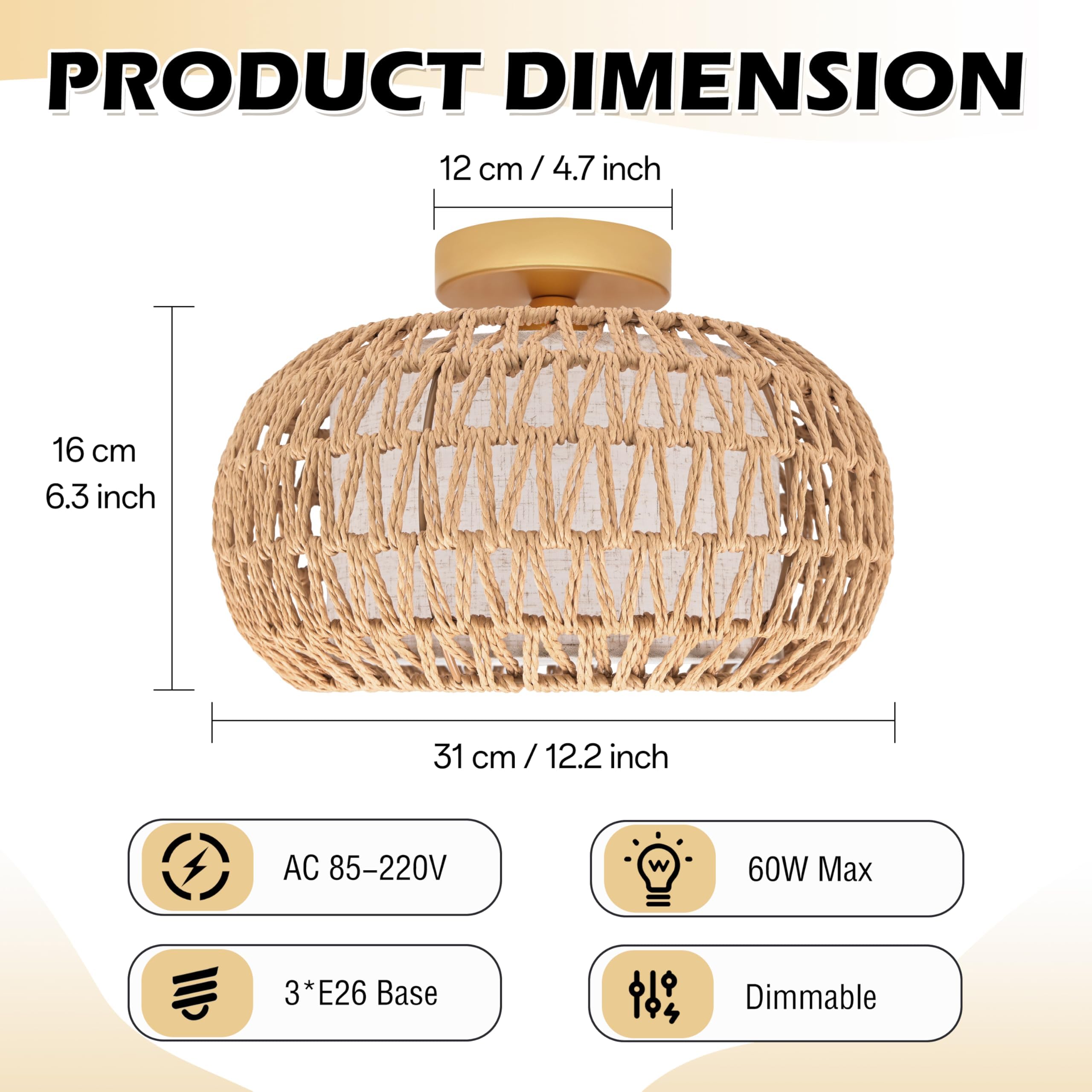 3-Light Rattan Flush Mount Ceiling Light Fixture,12'' Farmhouse Ceiling Lights For Bedroom,Farbic Shade Rattan Ceiling Light Boh