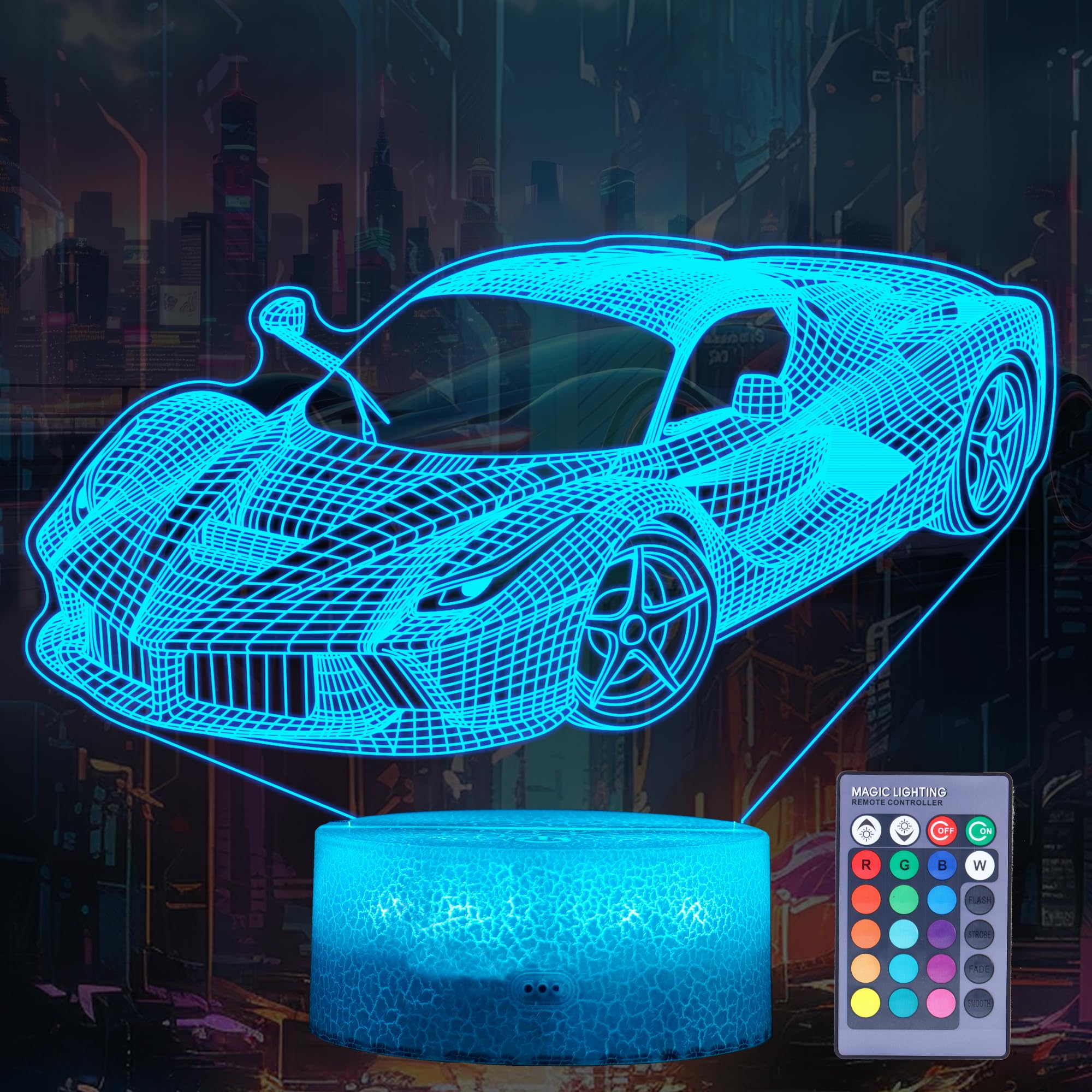 POSSHE Car Gifts for Men, Racing Vehicle Night Light with Remote Control, 16 Colors Changing, RGB Flashing Mode and Dimmable, Co