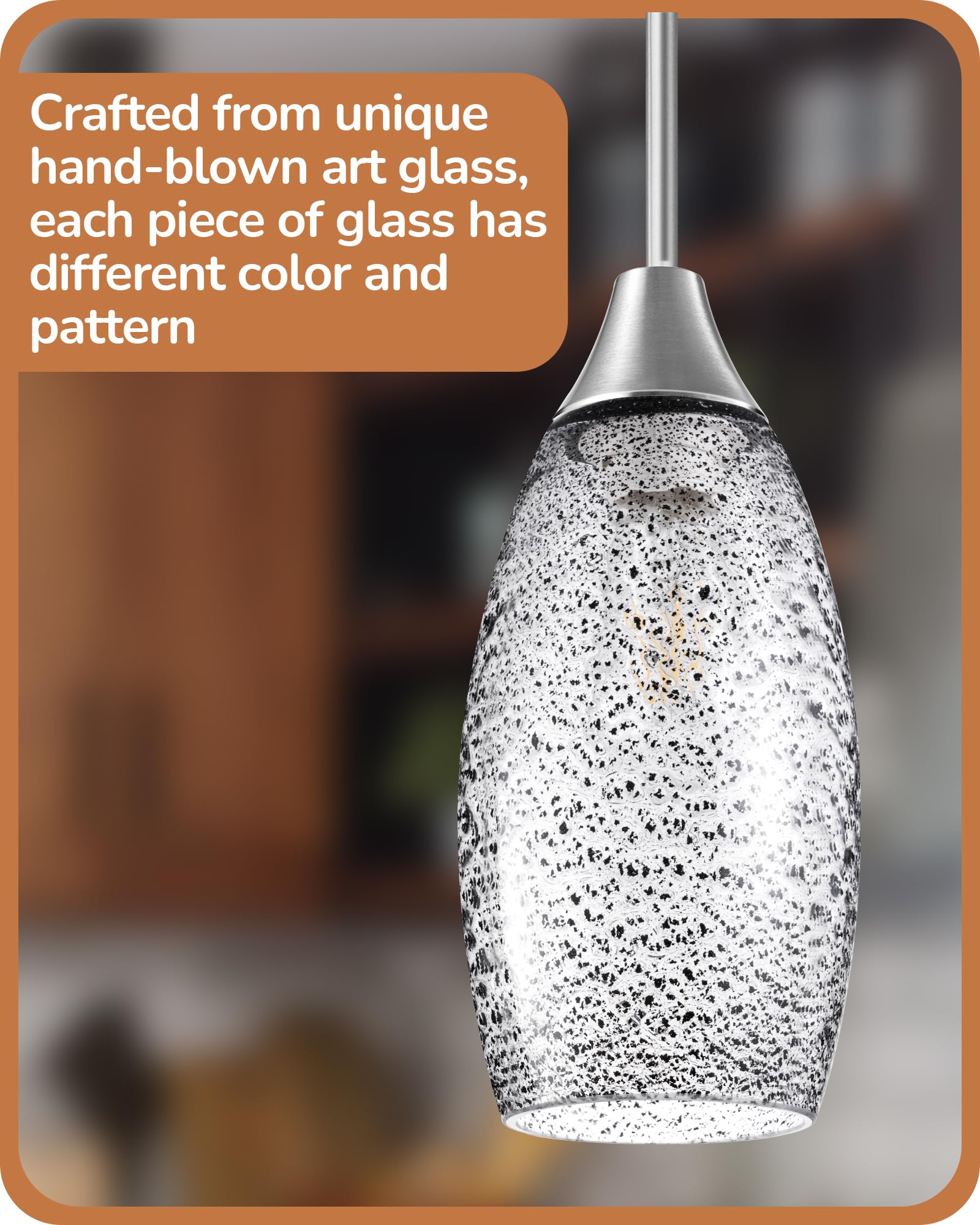 Edishine Pendant Light Fixture, Handcrafted Art Glass Hanging Light, Hardwired Ceiling Light With Grey Seed Glass Shade, Adjusta