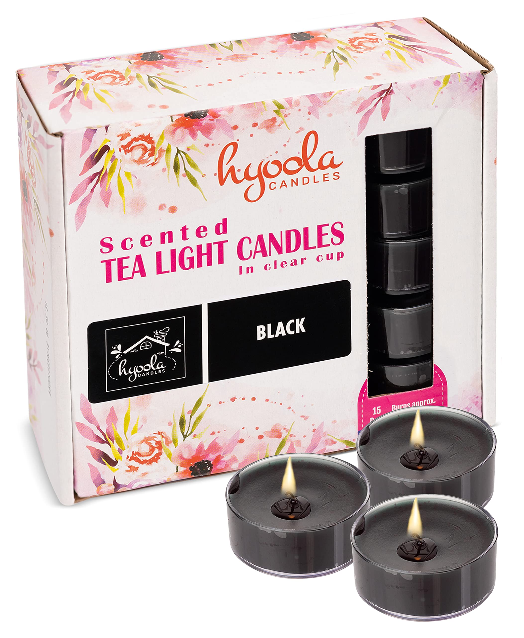 Hyoola Scented Tealight Candles - Black - 6 Hour Burn Time - 15 Pack - European Made - 1.9 Inch