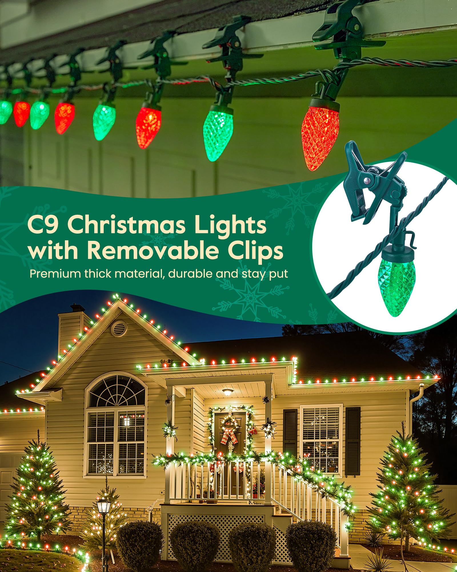 C9 Led Christmas Lights Outdoor With 110 Spring Clips  81Ft 110 Led C9 String Lights Waterproof Connectable For Roofline Patio House Yard Windows Xmas Tree Indoor Outdoor Christmas Decor  Red Green