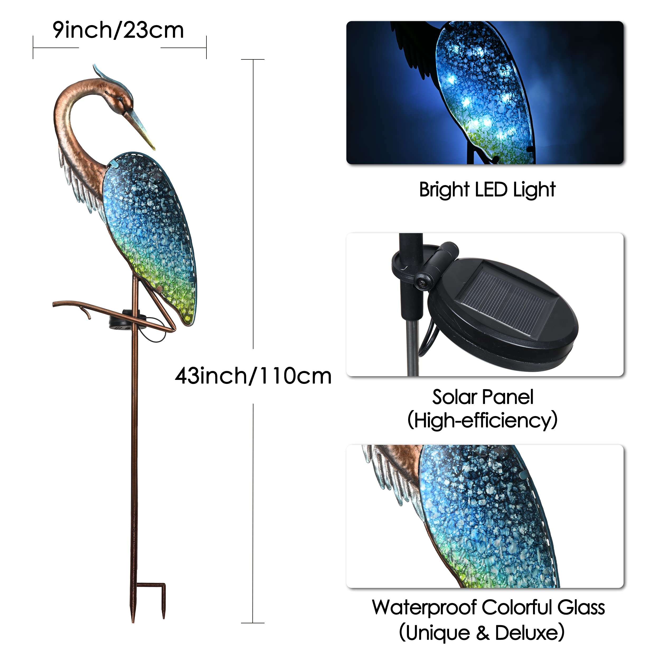 Teresa'S Collections Blue Heron Solar Lights, Metal Yard Art For Garden Decor, 43&quot;