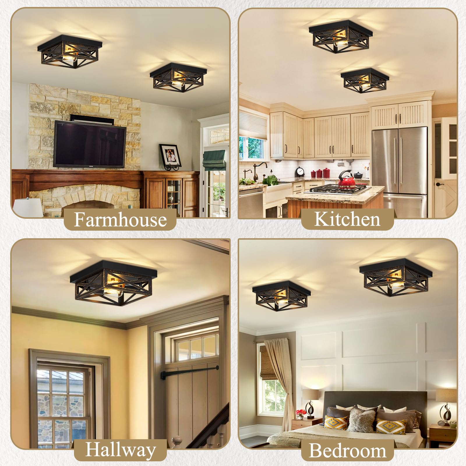 Skejao Black Flush Mount Ceiling Light Fixture,2-Light Square Rustic Vintage Metal Black Hallway Light Fixtures Ceiling For Farm