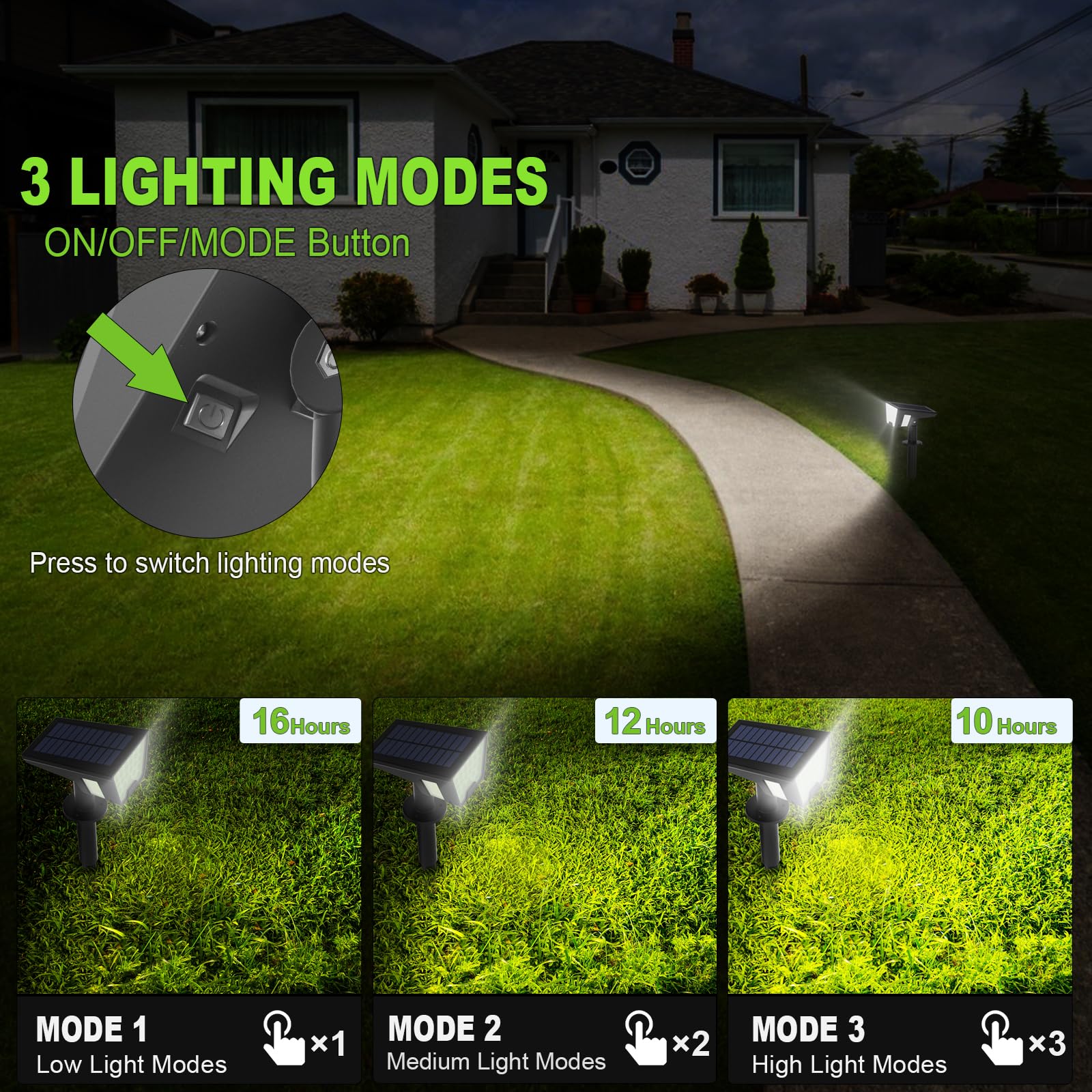 Solar Spot Lights Outdoor Waterproof Ip67, Solar Powered Lights Outdoor With 53 Led & 3 Modes, Landscape Spotlight Wall Light Fo