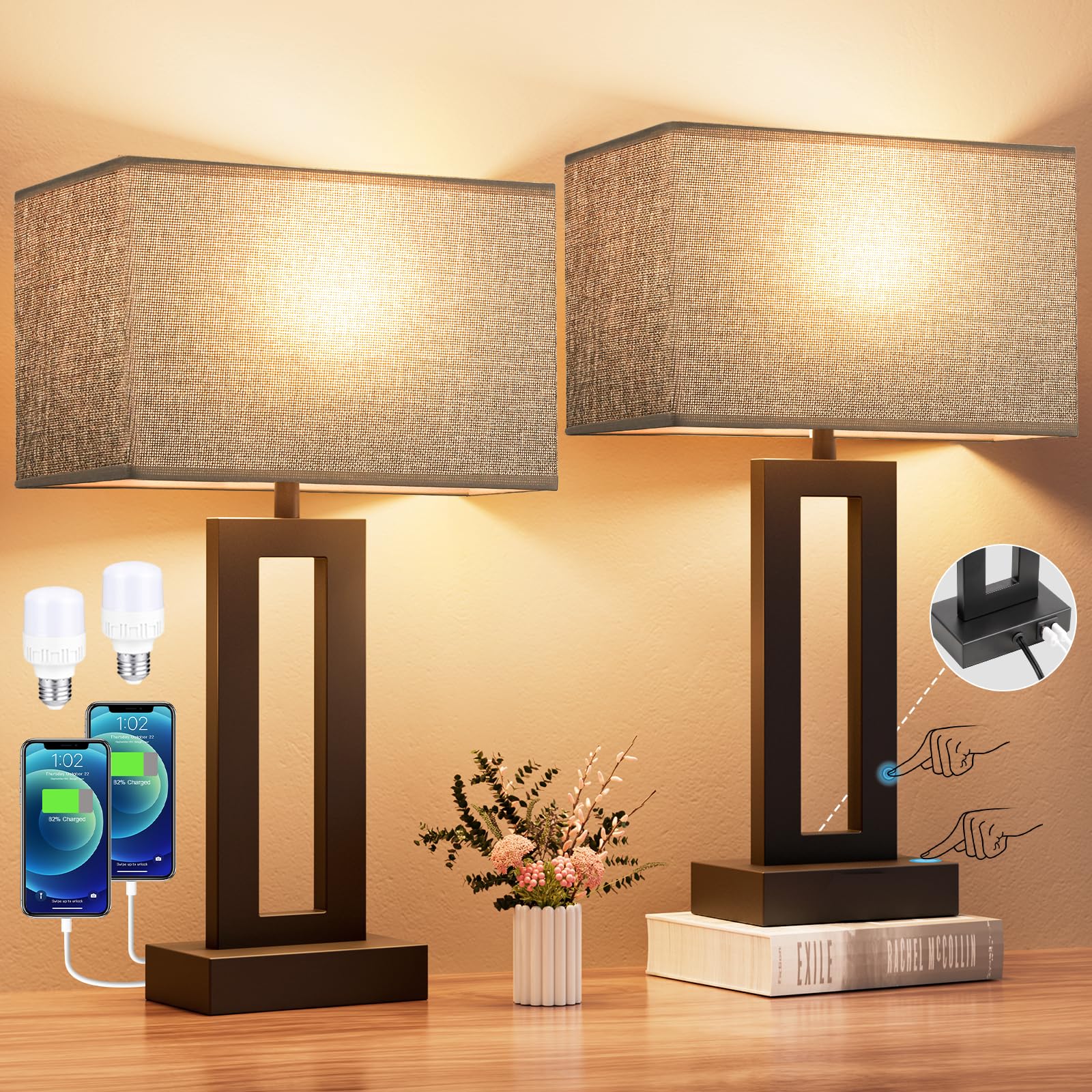 Seealle Nightstand Table Lamps Set of 2 - Touch Control, USB C+A, 3-Way Dimmable, Metal, Medium (19.6in), B. Grey&Black