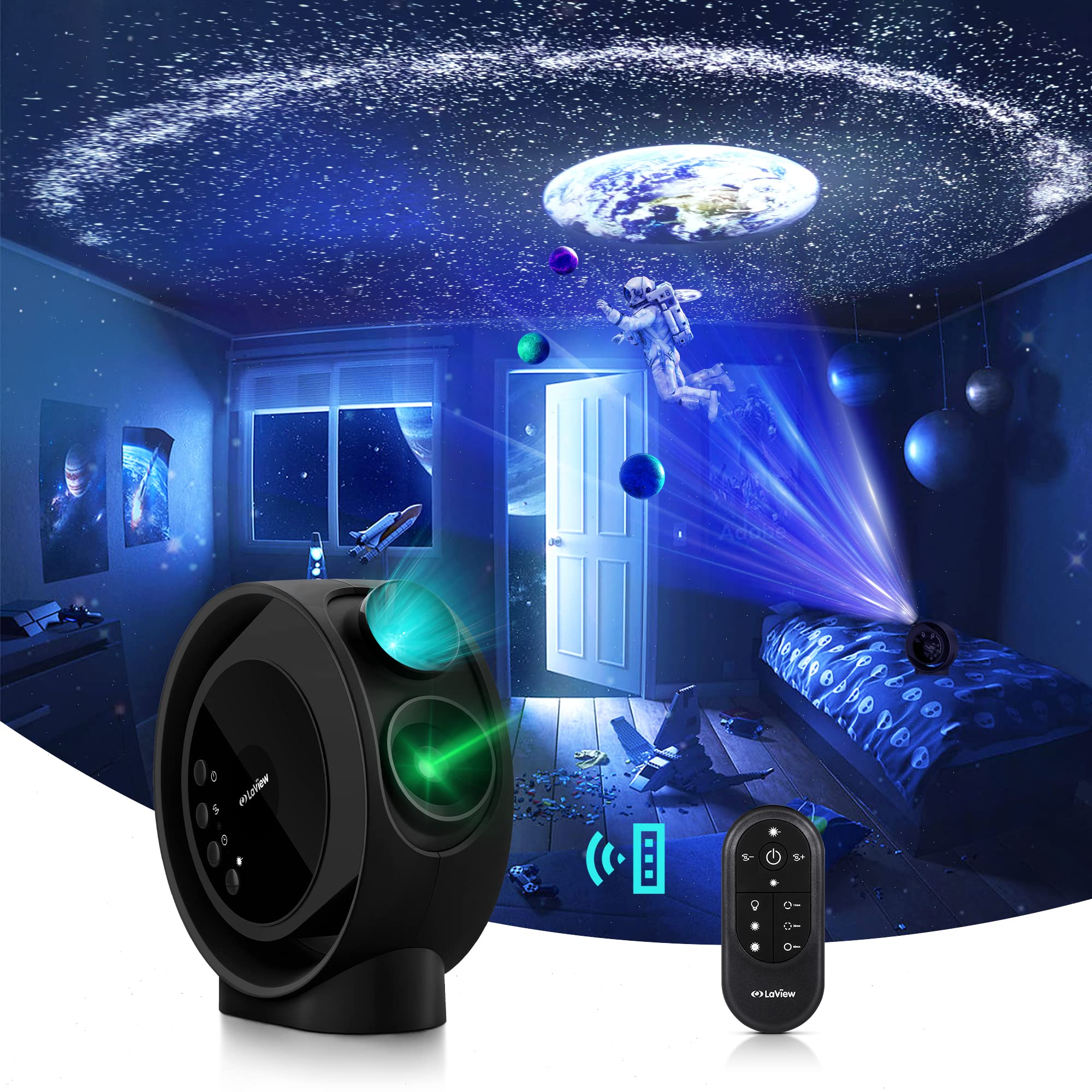 LaView Star Projector LV-X2-B-US - HD Image, LED Lights, Infrared Remote, 3-Level Silent Rotation, Black