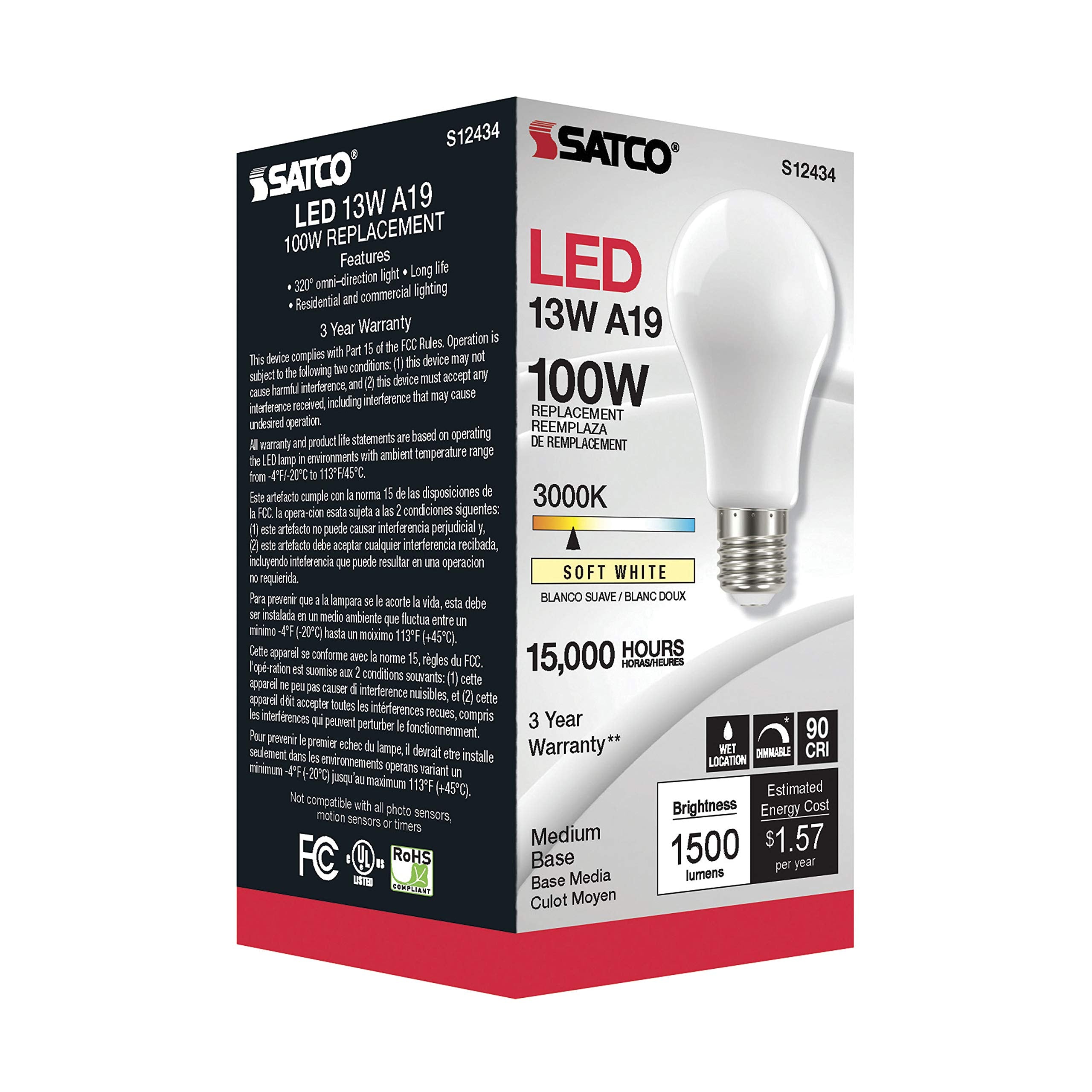 Satco (6 Pack) Dimmable Led Filament Lamps, S12434, High Lumens, 13.5 Watt, A19; Soft White; Medium Base; 3000K; 90 Cri; 120 Vol