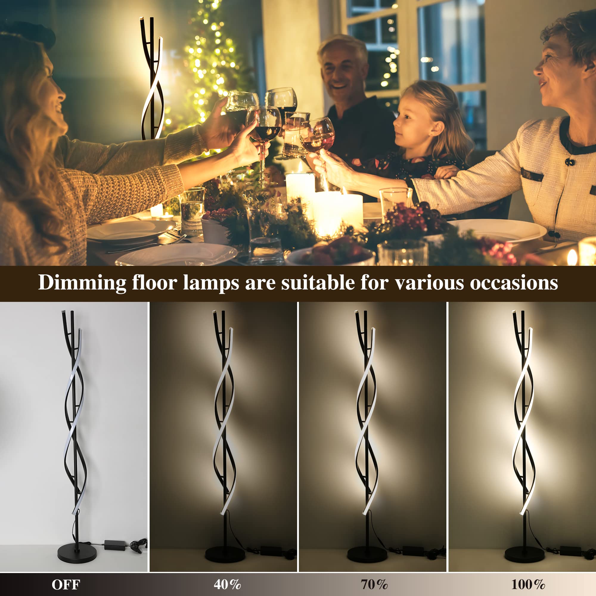 JUTIFAN Modern Spiral Floor Lamp, 53" Black Dimmable LED Corner Lamp with Remote Control, Model JT-LXLDD