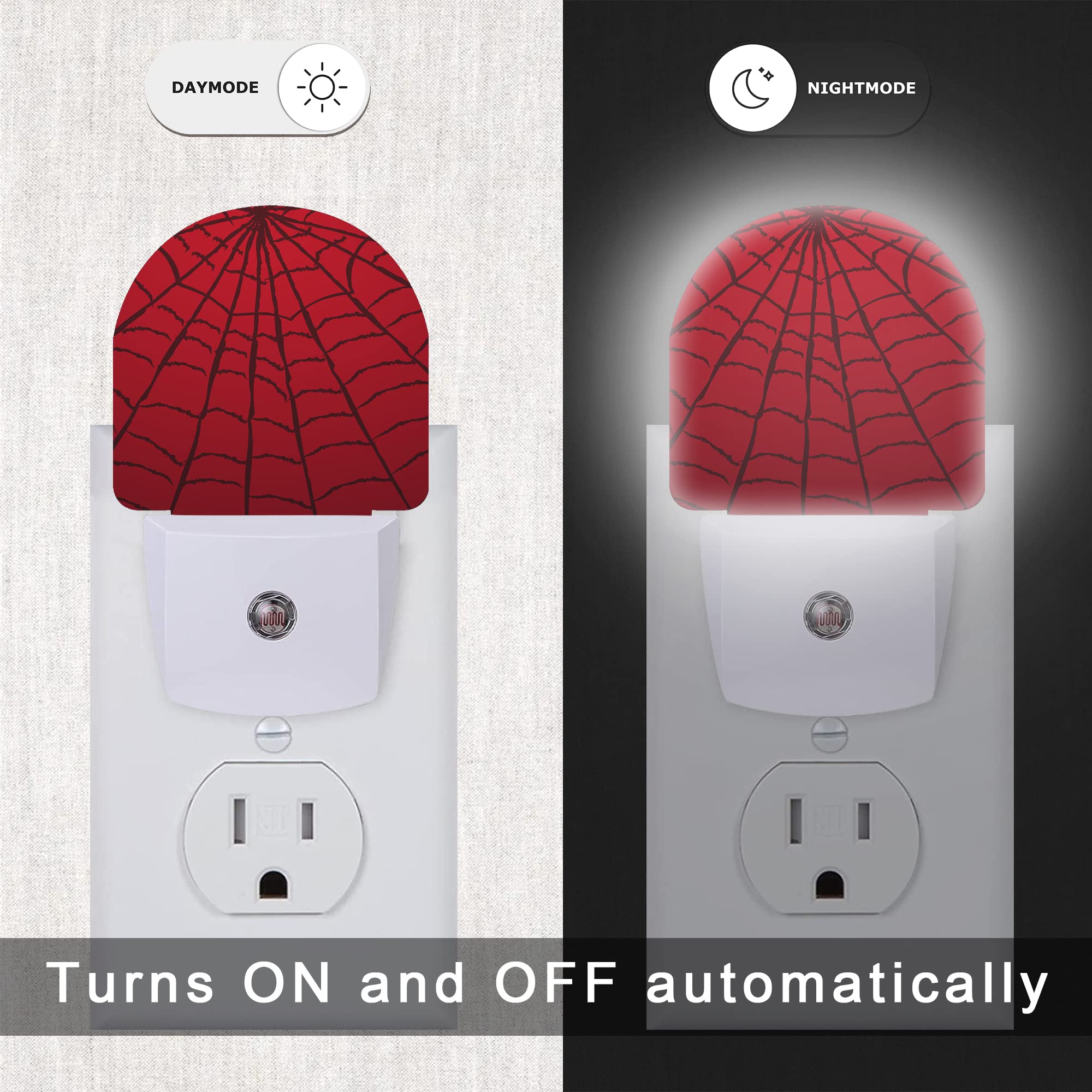 Aowula Red Spider Web Night Light,Plug-In Wall Led Night Lights Decor For Boys Girls Room,Dusk To Dawn Sensor Wall Lamp For Stairway/Hallway/Kitchen,0.5W