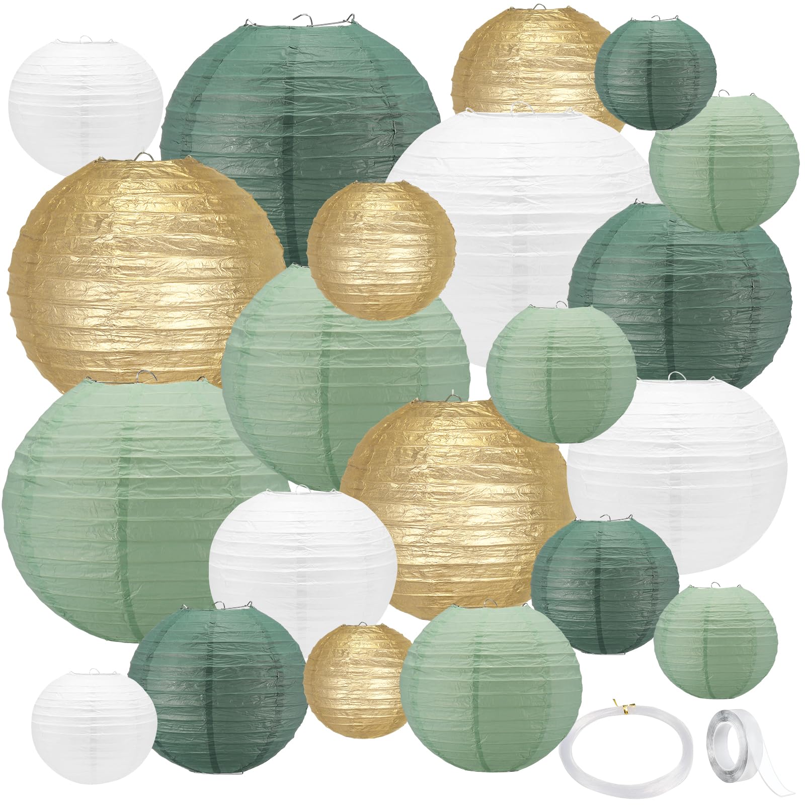 21Pcs Sage Green Paper Lanterns,4''6''8''10''12'' Hanging Round Paper Lanterns Decorative with Tape and String for Bridal Shower