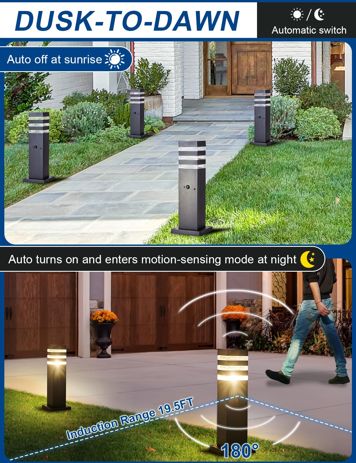 Delicavy Outdoor Post Light - 2 Pack Motion Sensor Black Aluminum Pathway Lamps for Yard, Patio, Garden, Driveway, Dusk to Dawn