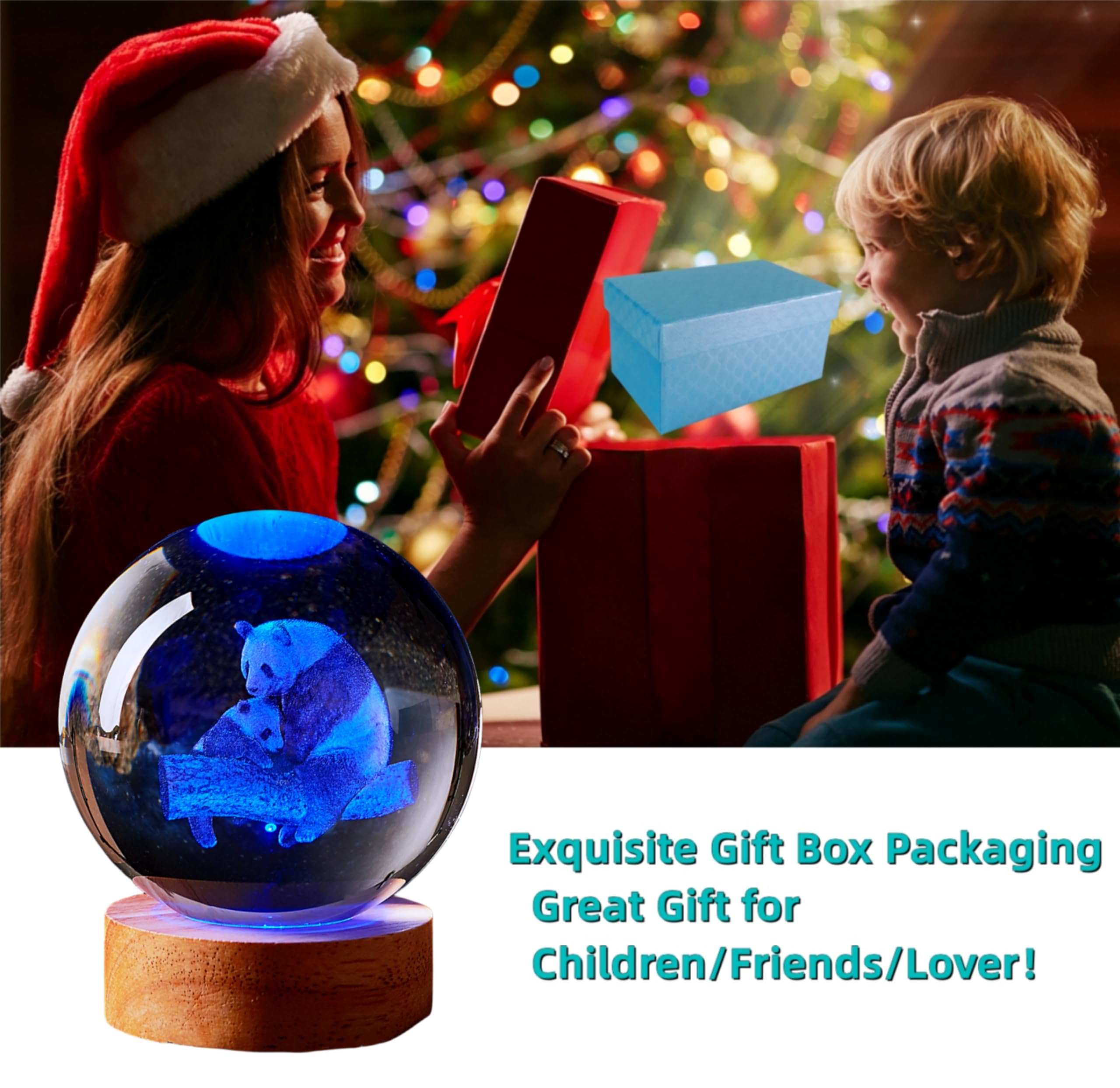 DIGFPWT Panda Night Light, 3D Crystal Ball with LED Base, 16 Colors, 3.15 Inch, Gift Box Packaging