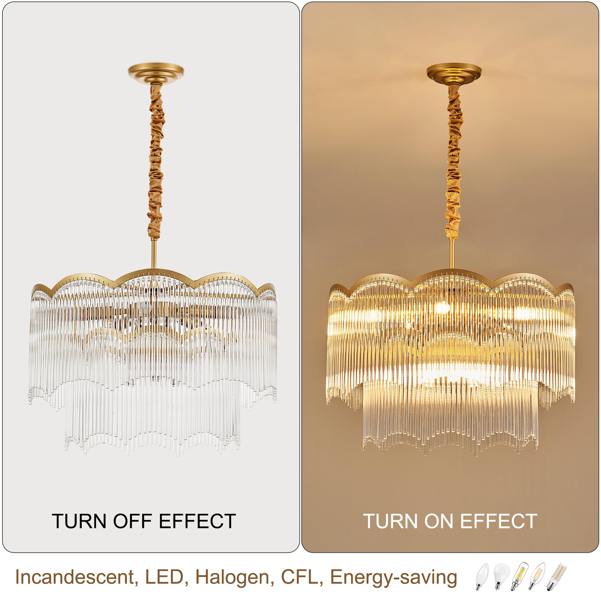 Faibra 22.83'' Gold Clear Glass Crystal Chandelier 8-Light Modern Crystal Pendant Ceiling Light Fixture 2-Tier Luxury Glass Chan