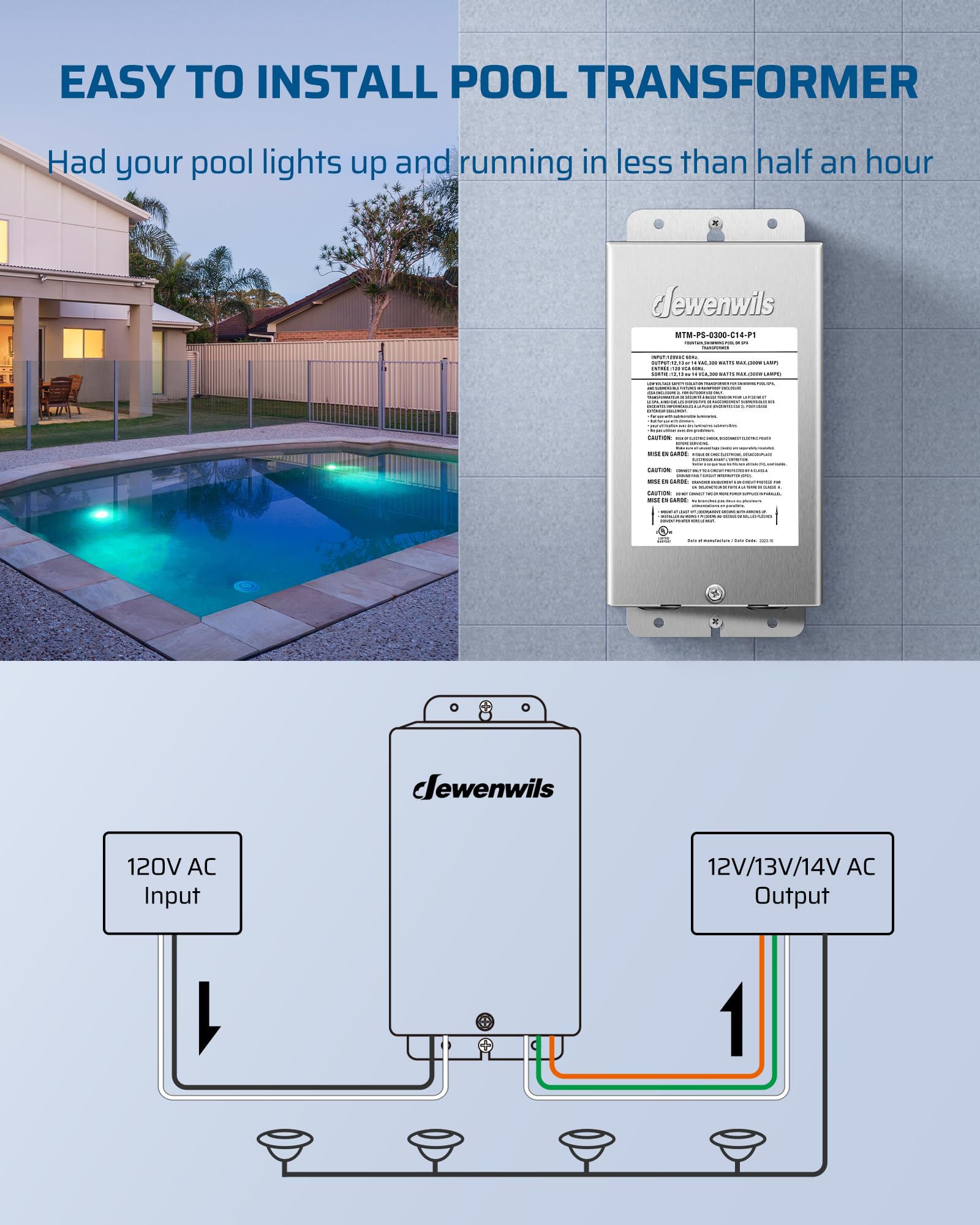 DEWENWILS Low Voltage Pool Light Transformer 300W, Multi-tap AC 12V/13V/14V, Stainless Steel, Model HSLT05P, Silver