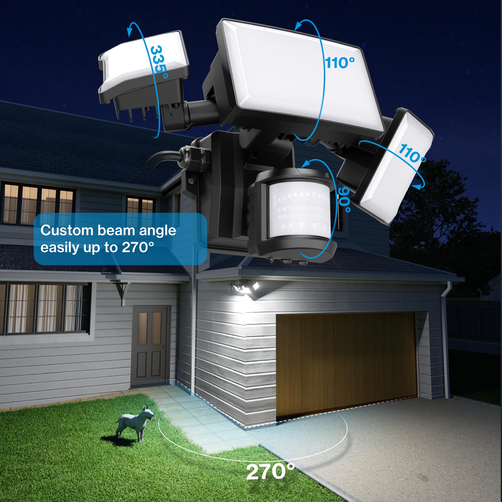 Olafus 75W Motion Sensor Outdoor Light, 3 Heads, 7500LM LED Security Light, IP65, Black, Model 3-LBG75M, 2 Pack