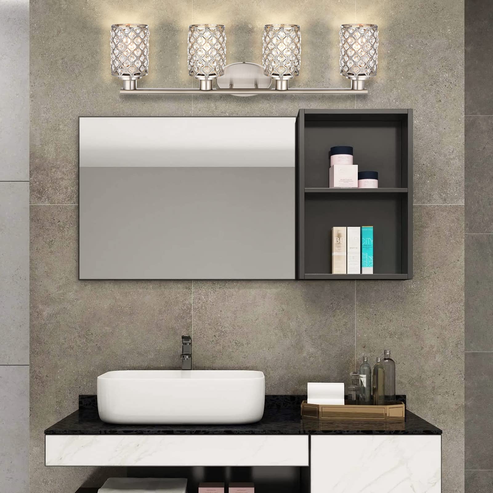 4 Light Bathroom Light Fixtures, Modern Farmhouse Vanity Light,Brushed Nickel Bathroom Lights Over Mirror,Crystal Vanity Lighting Fixtures For Bathroom,Powder Room