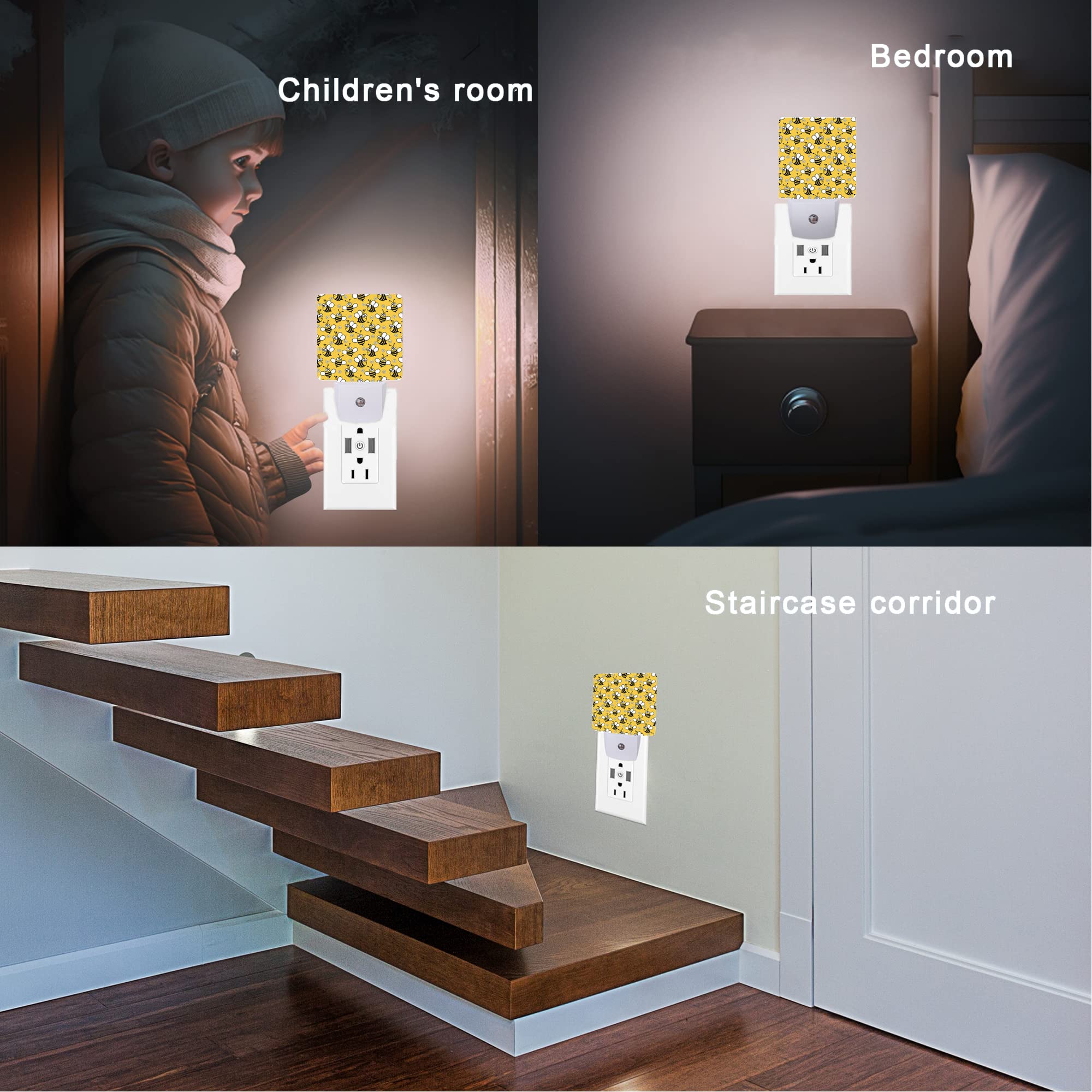 Oeaskly Bee Night Light,Cute Cartoon Bees Plug-In Night Lights With Dusk-To-Dawn Sensor For Bedroom, Bathroom And Living Room Sl