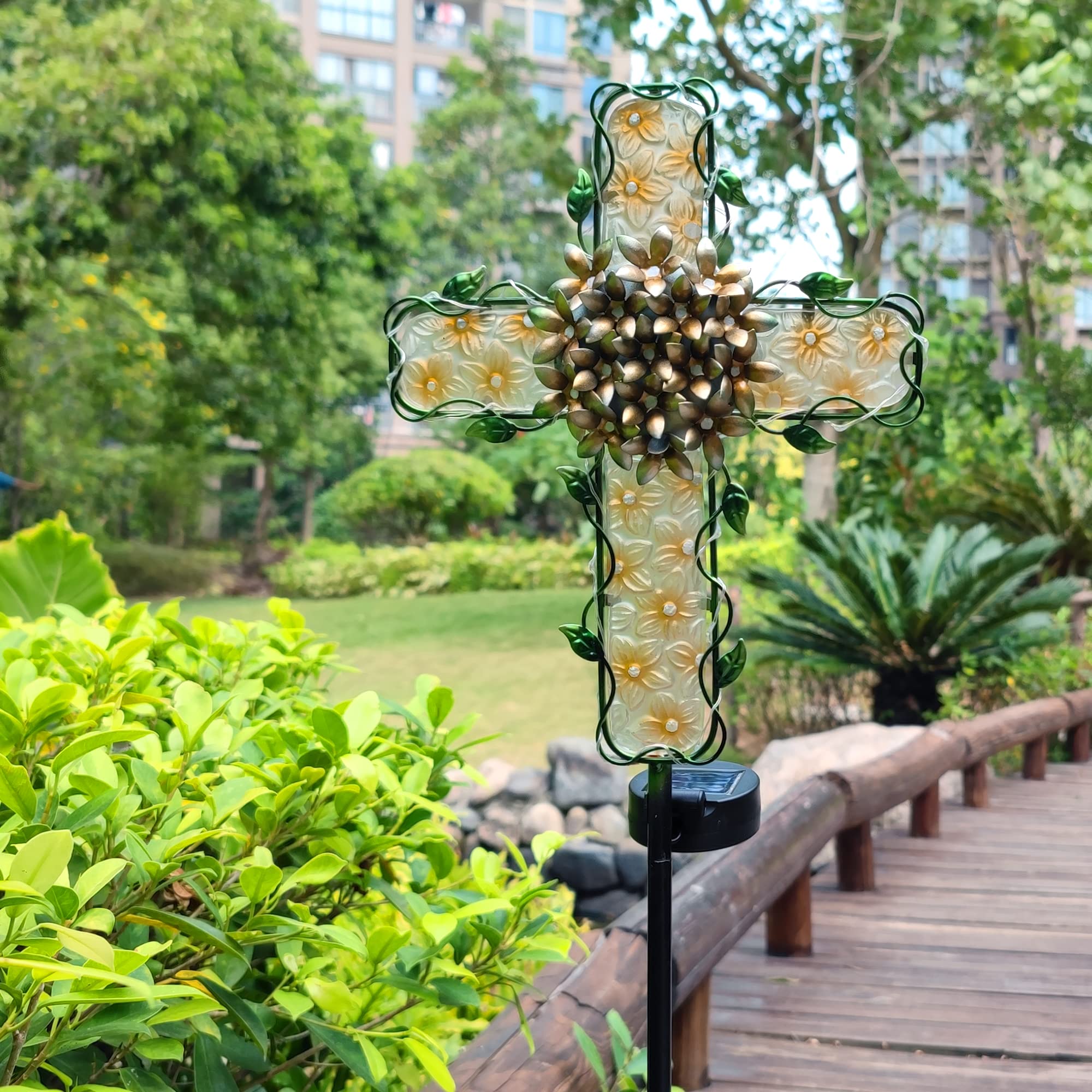 COOZZYHOUR Solar Cross Garden Lights - 38in Waterproof Metal & Glass, 20 White LEDs, Apricot Color, Model CZ-0029