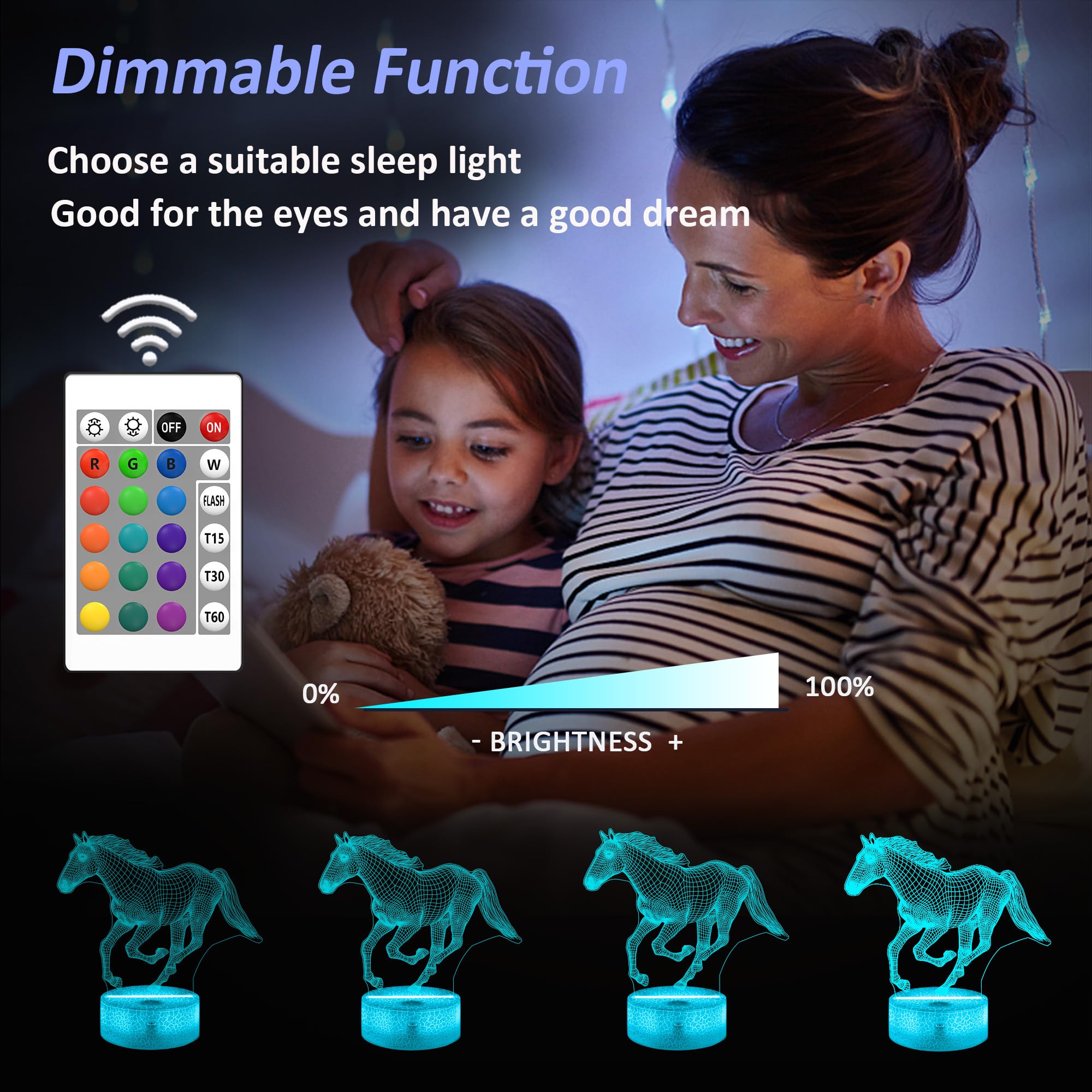 Okiyid Horse Gifts For Girls, 3D Illusion Lamp, 3D Horse Night Light With 16 Colors Remote And Touch Control, Horses Decor For Kids Room, Girls Birthday Gifts