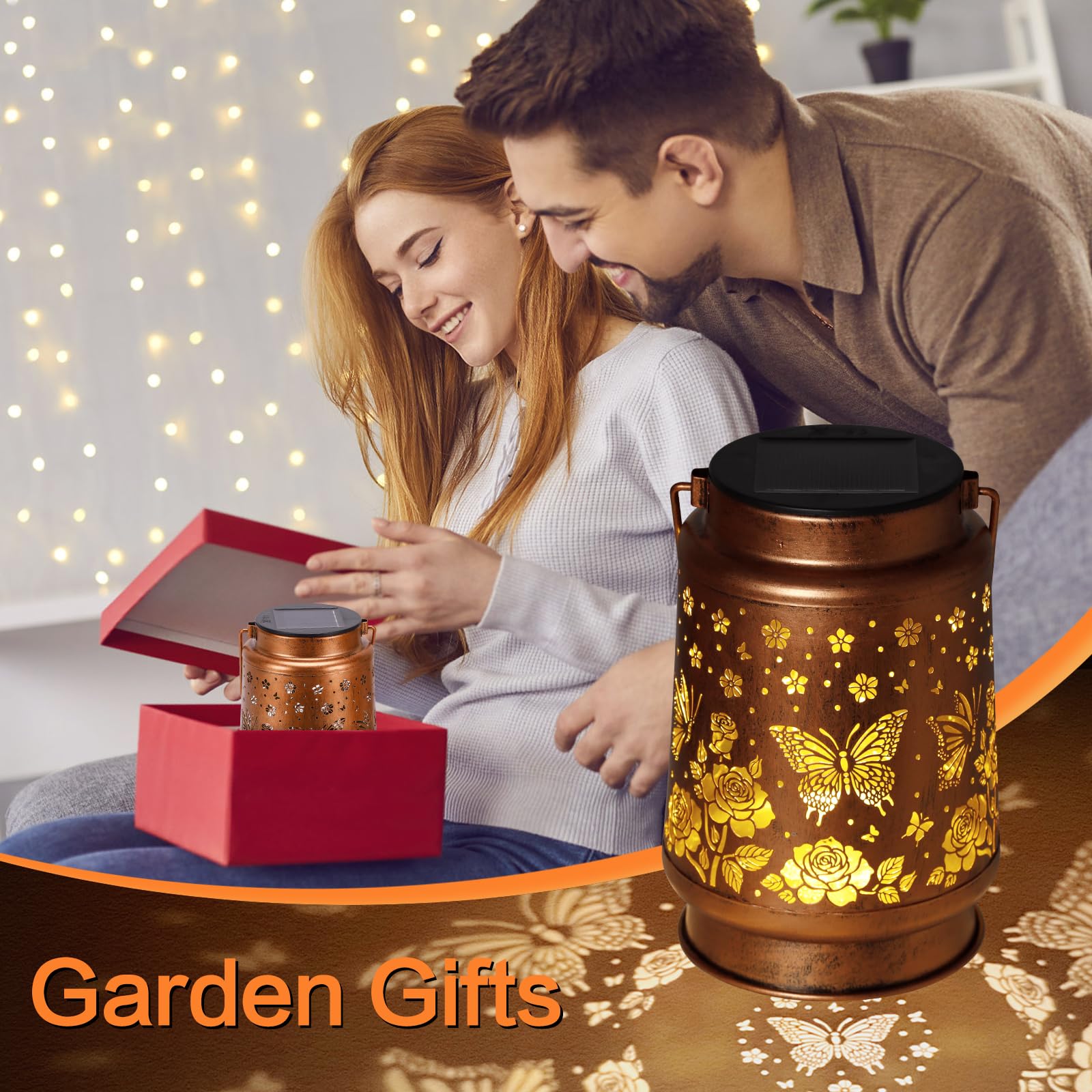 2 Pack Butterfly Solar Lanterns Outdoor Waterproof Rose Garden Decor Gifts For Women Mom Grandma Hanging Solar Lights Metal Lantern Decoration Outside For Yard Patio Backyard Porch