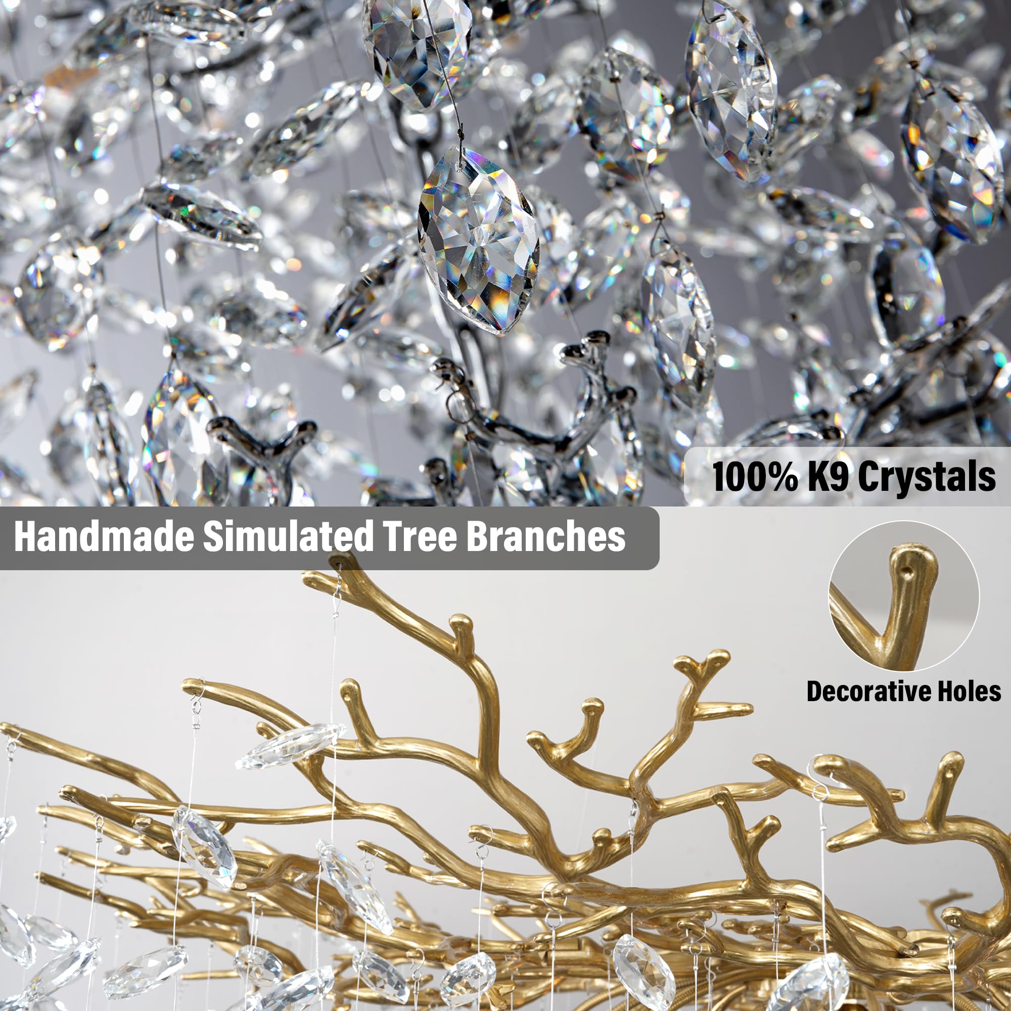 Yuyi 23.6 Modern Gold Tree Branch Crystal Chandelier  8-Light Round Raindrop Pendant Lighting For Dining Room Living Room Bedroom Kitchen Foyer Entryway  stylish K9 Crystal Statement Light Fixture