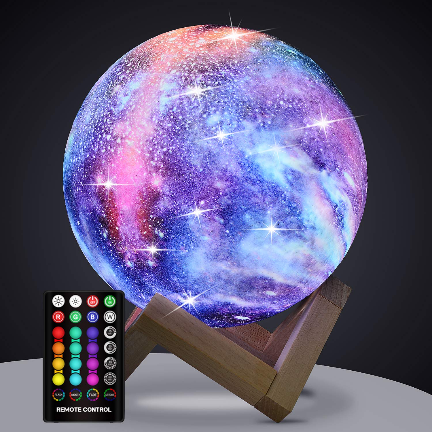 Moon Lamp, Kids Night Light Galaxy Lamp - 16 Colors Moon Light with Wood Stand Remote & Touch Control USB Rechargeable Gift for