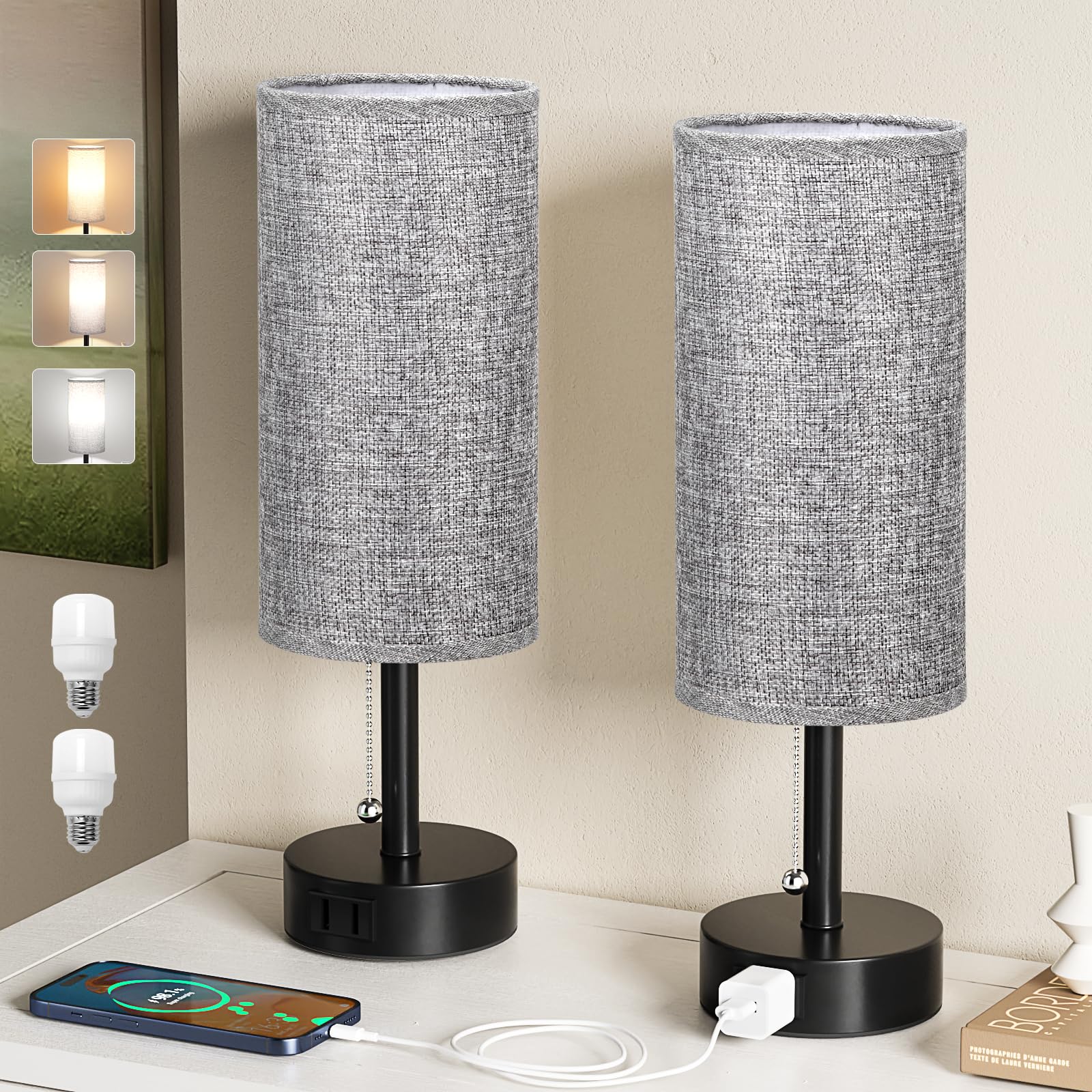 Fenmzee Grey Bedside Table Lamps Set of 2-3 Color Temperatures Pull Chain Lamp with AC Outlet Charging Port, Round Night Stand L