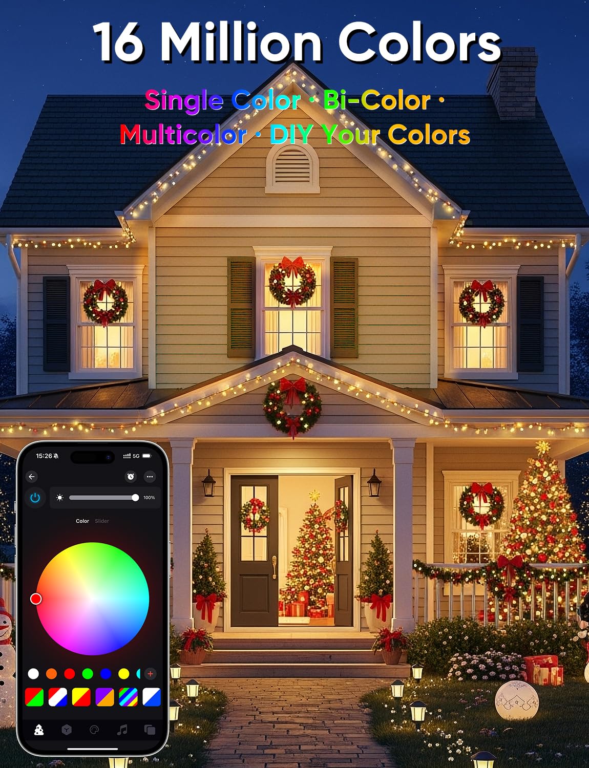 Ollny Smart Christmas Lights, 400 LED RGB Color Changing, 131FT Waterproof Decor with Remote, Model NYA0400P, Dark Wire
