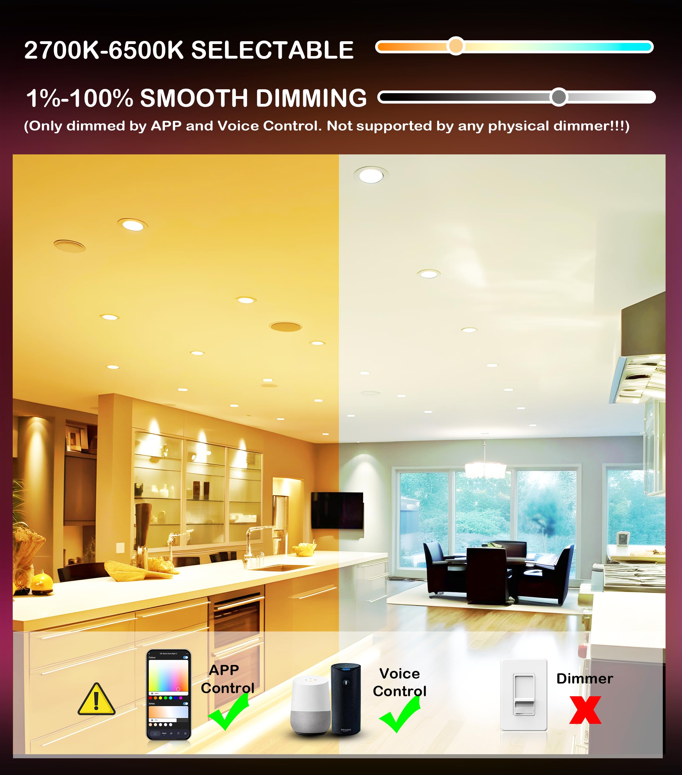 Cloudy Bay [6 Pack] 4 Inch Smart Led Recessed Ceiling Light With Rgb Back Light,Hub Included,10W 2700K-6500K,2W Color Changing Ultra-Thin Recessed Lighting, Baffle Trim Wafer Downlight, Hub Included