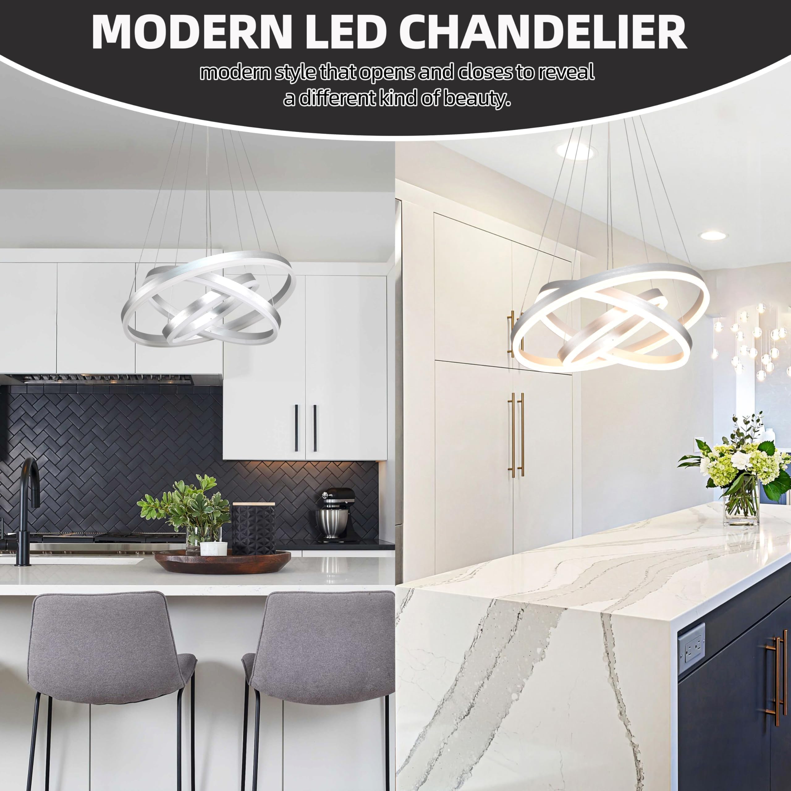 Mccokaige Modern Sliver Led Chandelier 3 Rings Pendant Lights Dimmable Chandeliers Color Temperature Height Adjustable Sliver Ch