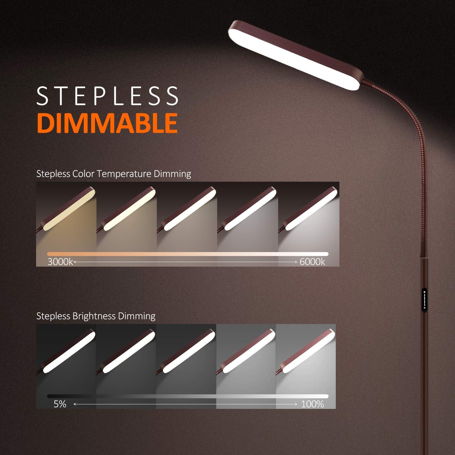 Wio-Mio Adjustable Gooseneck LED Floor Lamp, 15W 1000LM, 3000K-6000K, Matte Bronze, Model MF18806, Remote & Touch