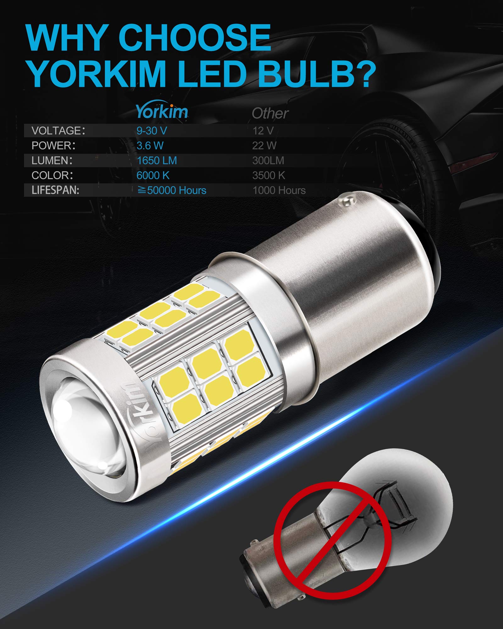 Yorkim 1157 Led Bulb, Super Bright 2357 Led Bulb 2057 7528 Bay15D Replacement For Led Reverse Blinker Brake Tail Lights, 6000K X