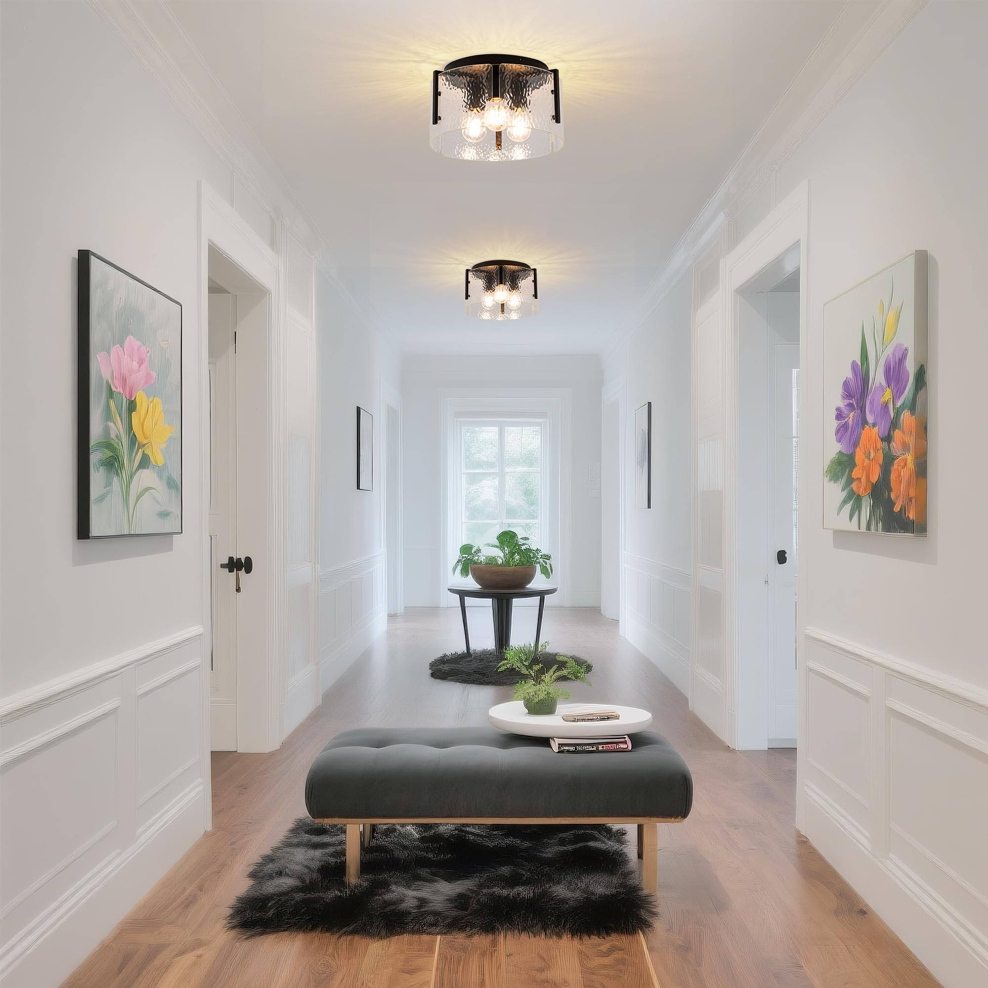 Mayna Modern Black Semi Flush Mount Ceiling Light Fixture, 3-Light Hallway Light Fixtures Ceiling Mount, Dimmable Kitchen Lighti