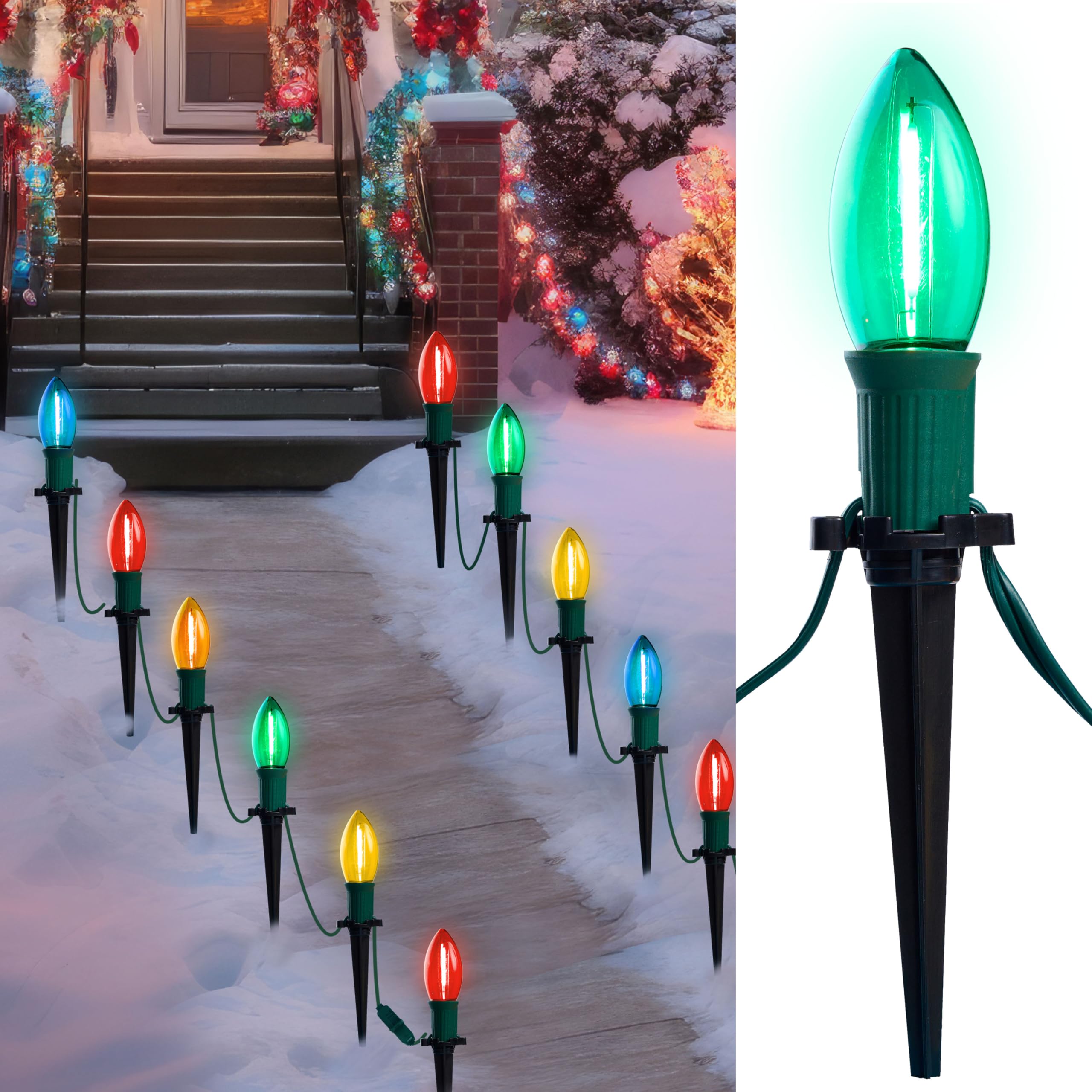 Joiedomi 24 Packs 30.75FT C9 Christmas Multicolor LED Pathway Lights  Waterproof Walkway Lights with Stakes Outdoor Connectable Decor for Holiday Outside  Yard  Garden  Party  Walkway Decor