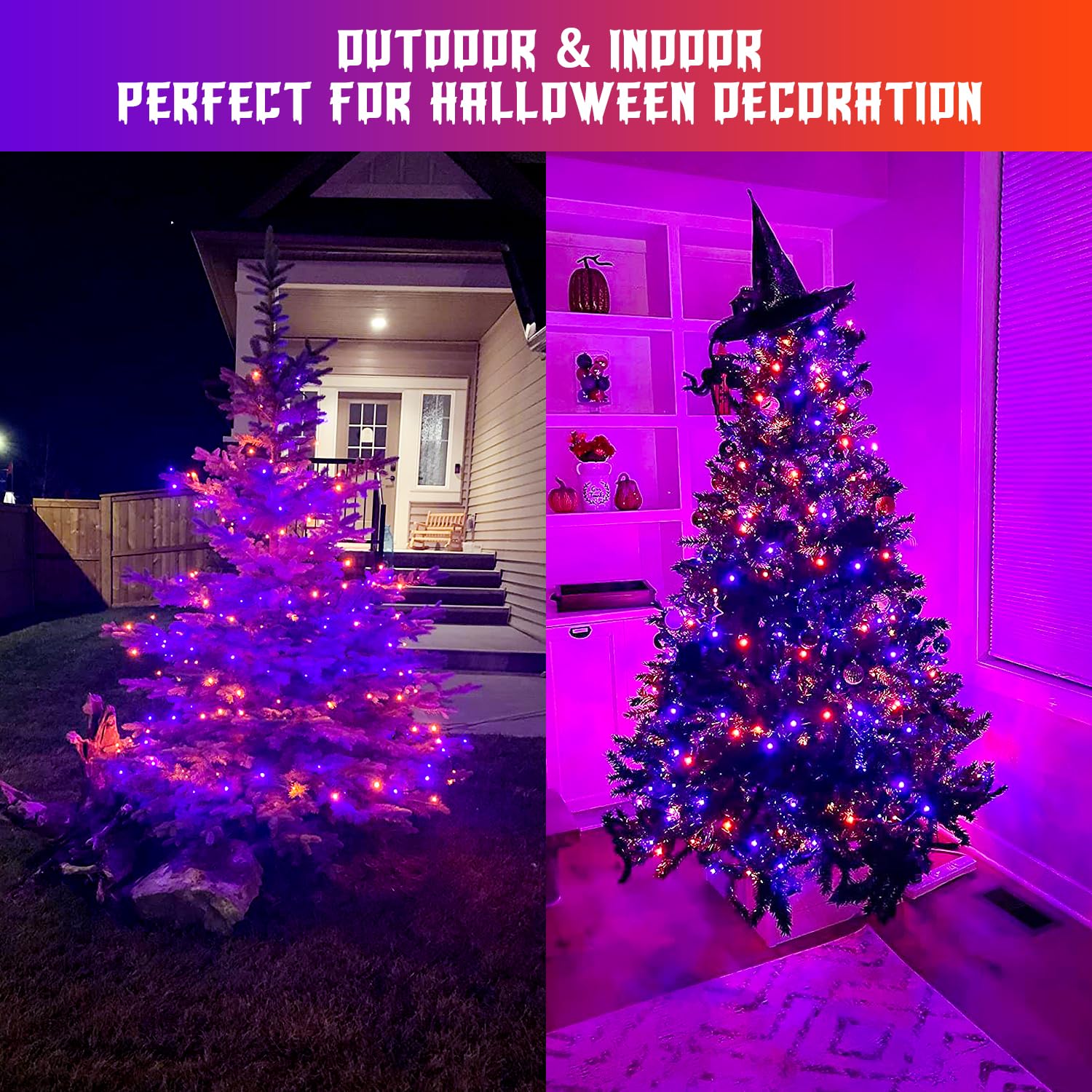 JMEXSUSS Battery Operated String Lights, 33ft 100 LED, Orange & Purple, Remote Control, Indoor/Outdoor, 2 Pack