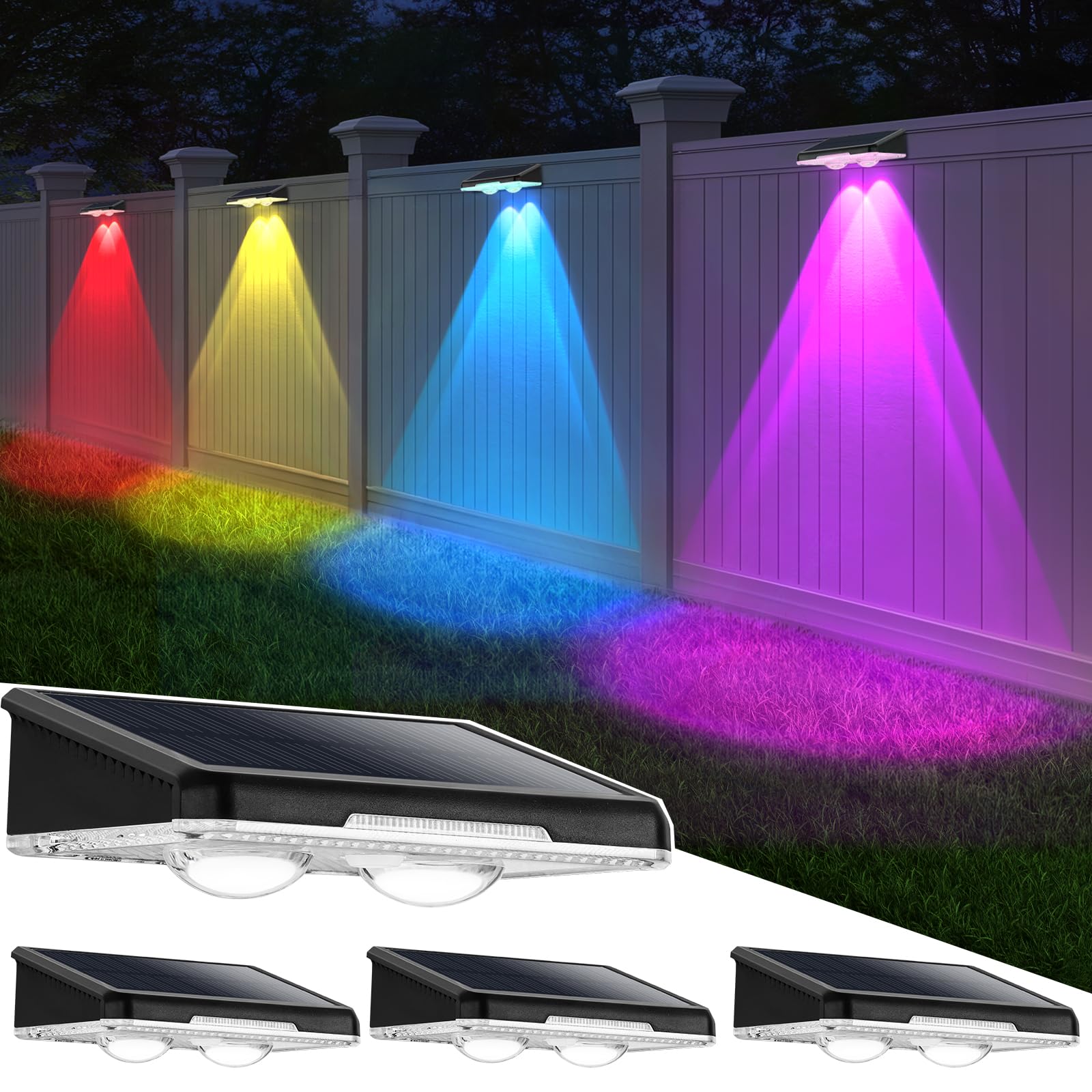 Solar Lights Outdoor Waterproof 4-Pack  Backyard Led Fence Lighting Solar Powered With Warm White & 6 Rgb Colors & 2 Lighting Modes For Outside  Deck  Step  Stairs  Balcony  Yard  Patio  Walkway