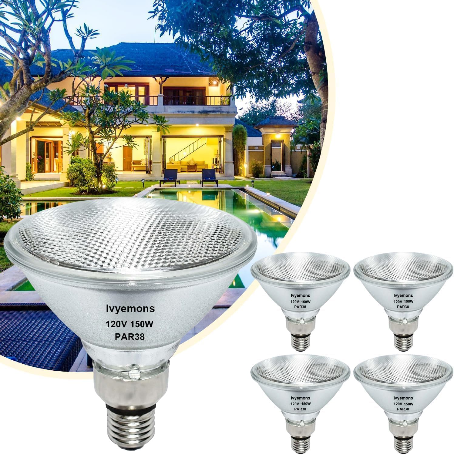 Ivyemons Par38 Flood Light Bulbs - 4 Pack 150W Par38 Halogen Bulb 120V E26 Base, Par 38 Bulb Dimmable 2800K Warm White For Indoo